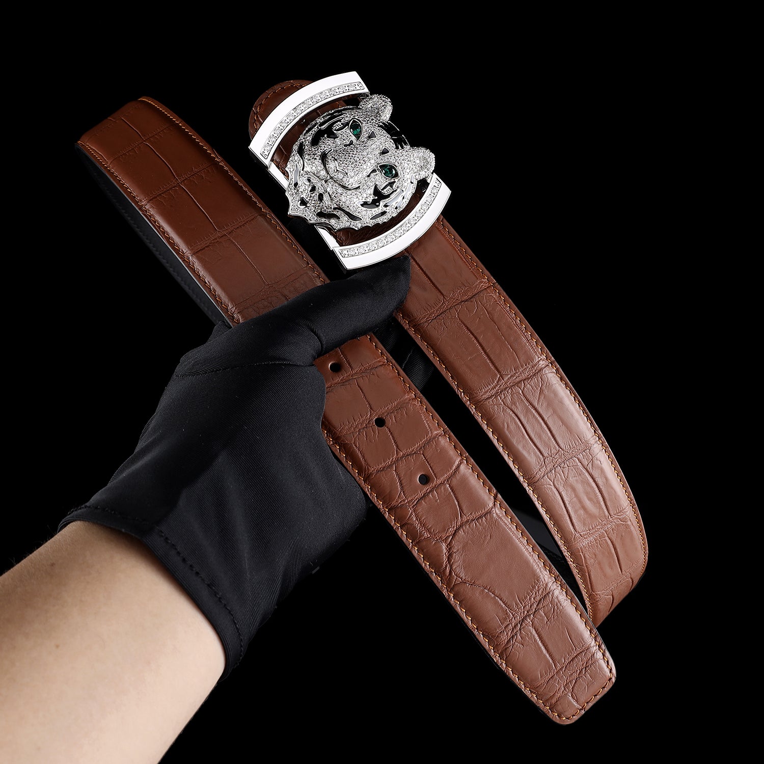 BELTLEY Original Brown Crocodile Skin Belt with Silver Tiger Buckle