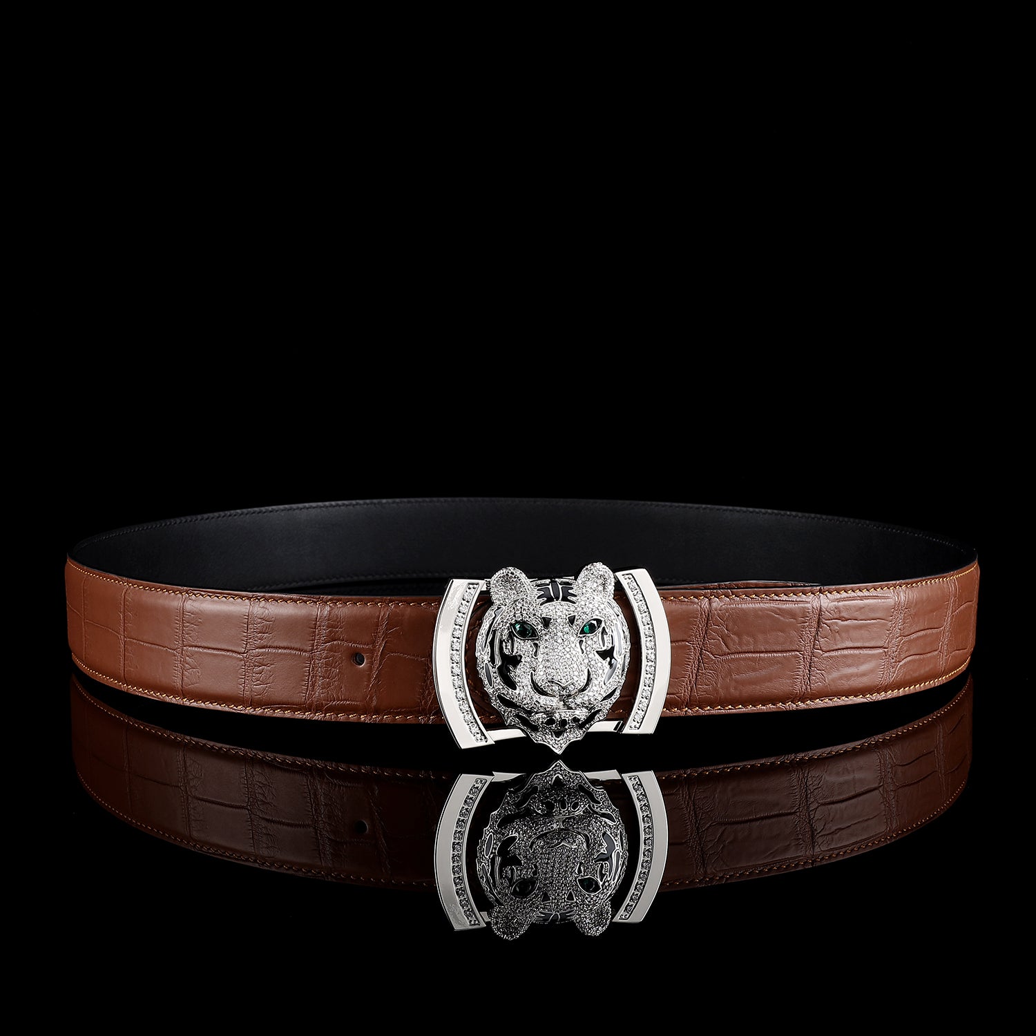 BELTLEY Original Brown Crocodile Skin Belt with Silver Tiger Buckle