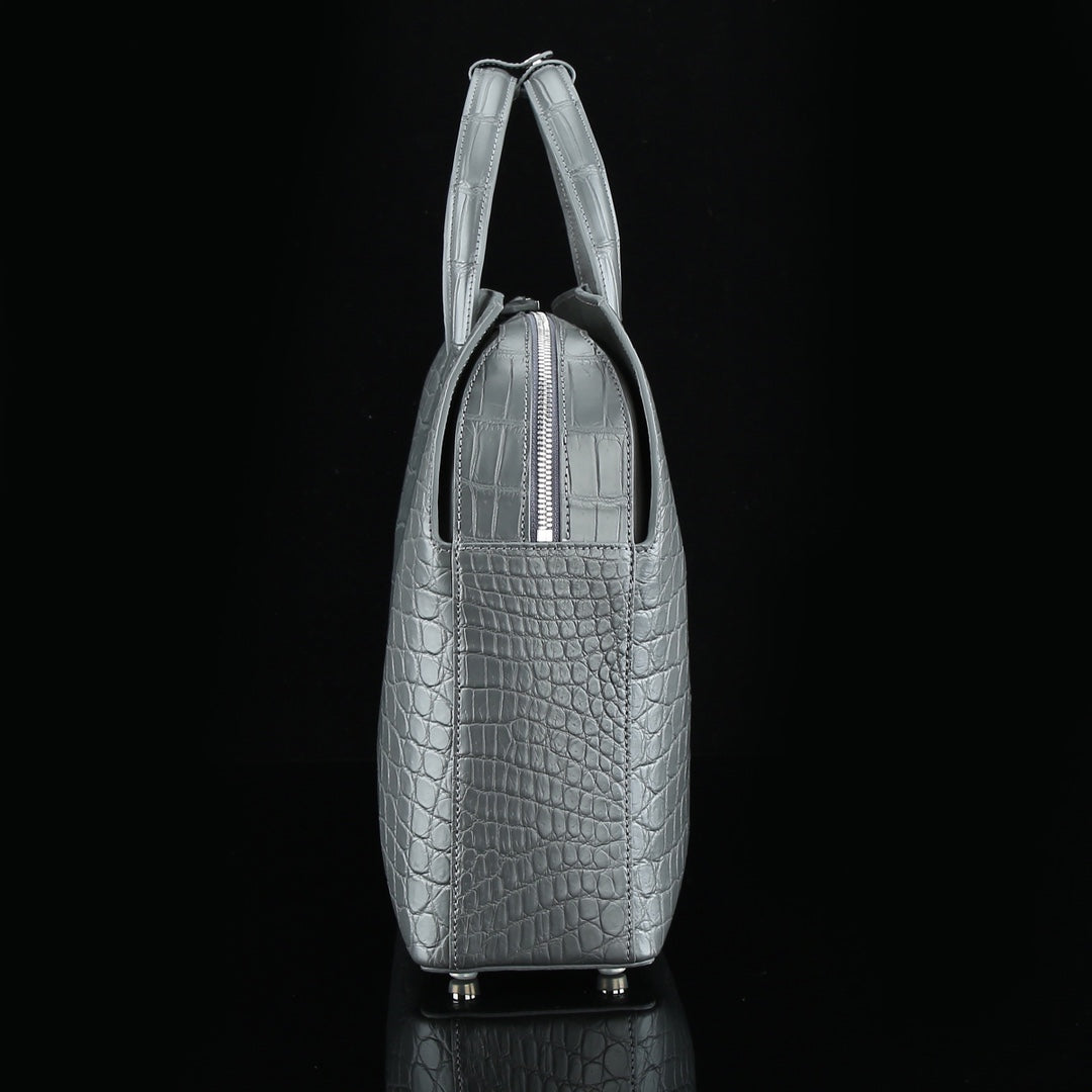 BELTLEY Platinum Gray CEO Briefcase | Luxury Crocodile Leather Business Bag for Men