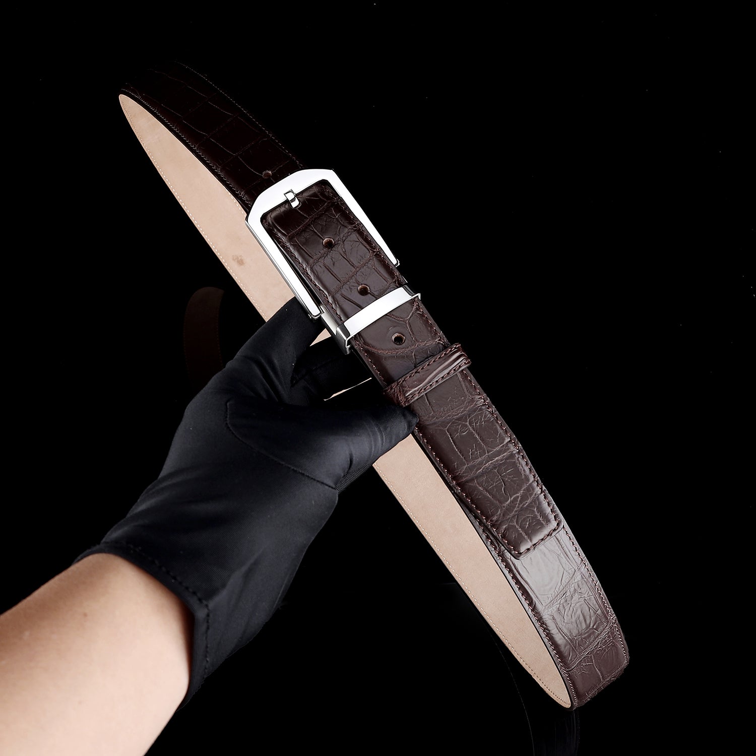 BELTLEY Polished Buckle Crocodile Belt - Espresso Brown 1.38 inches