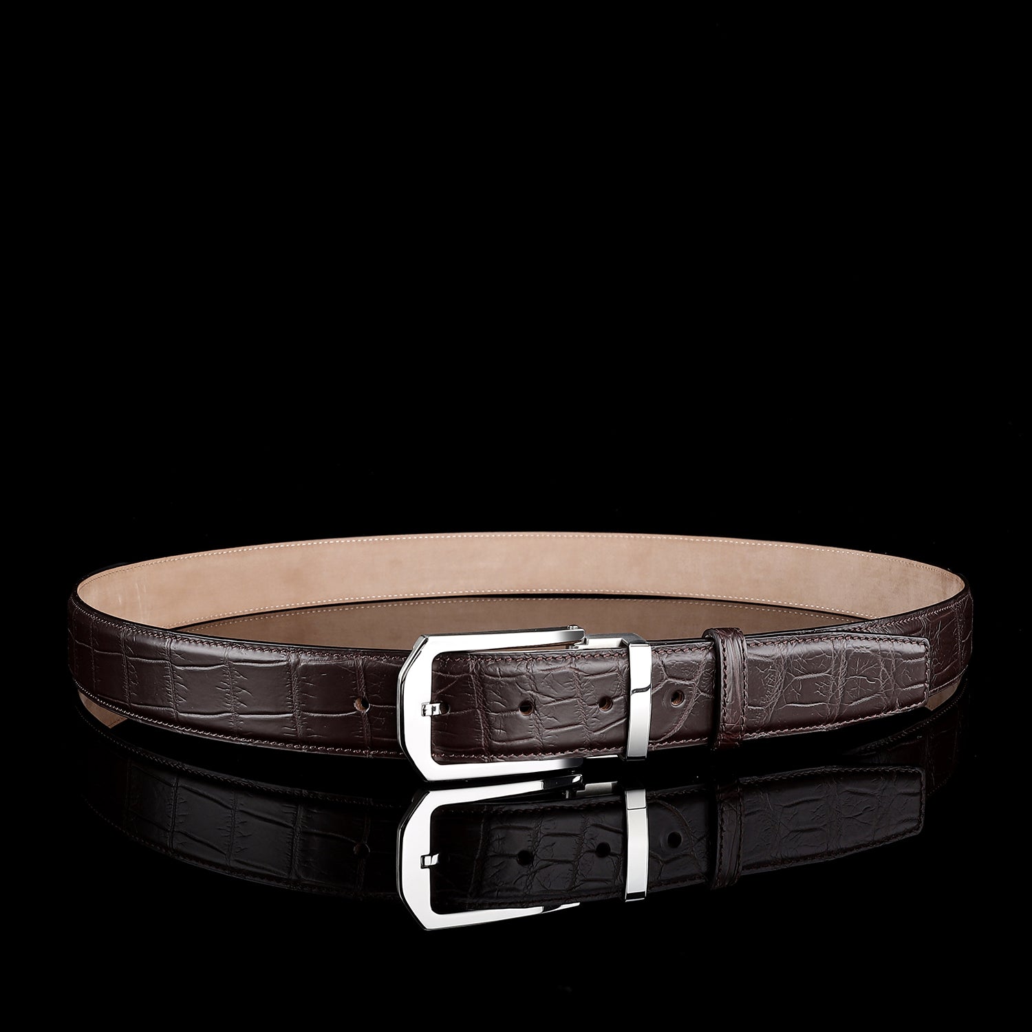 BELTLEY Polished Buckle Crocodile Belt - Espresso Brown 1.38 inches