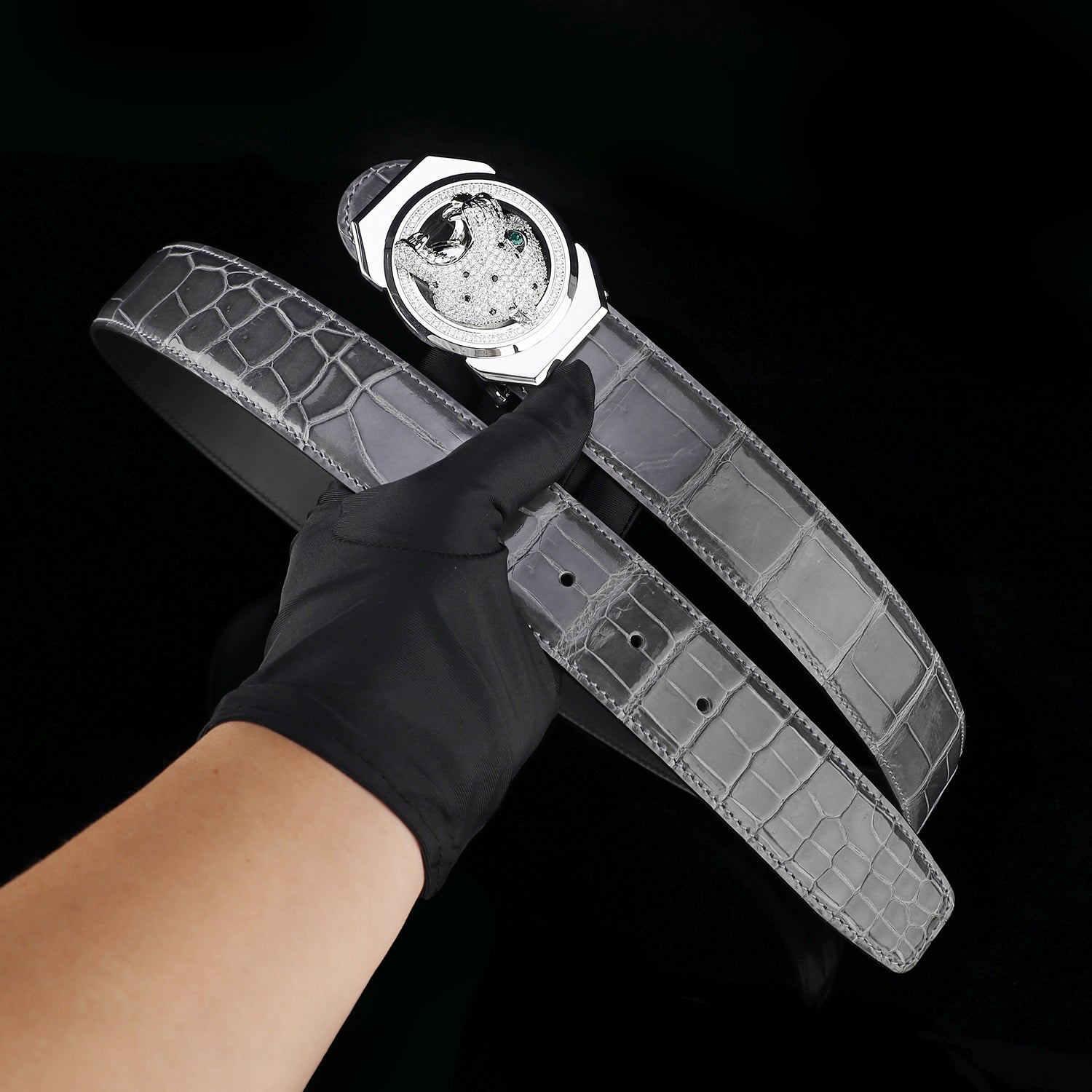 BELTLEY Polished Graphite Gray Crocodile Belt for Men