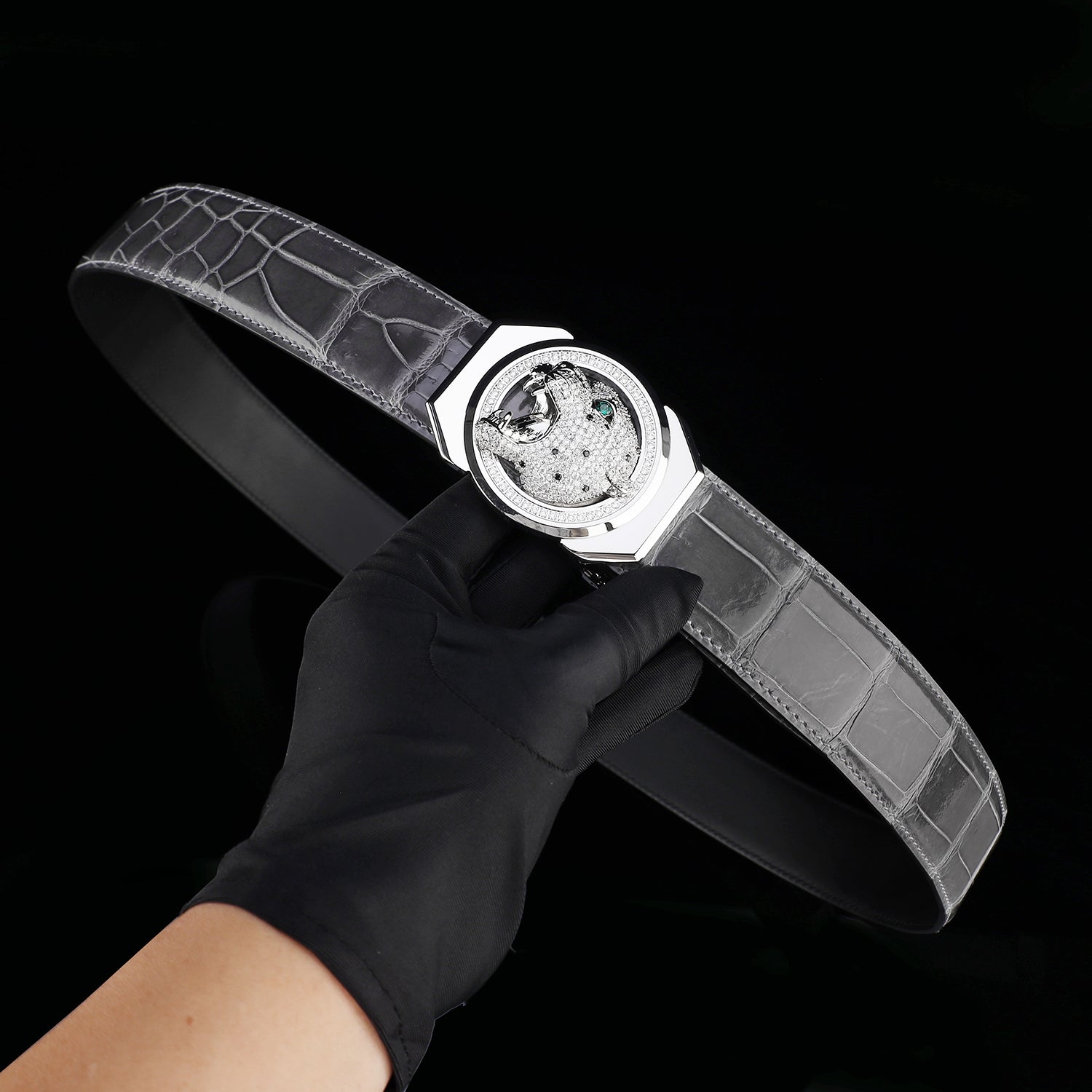 BELTLEY Polished Graphite Gray Crocodile Belt for Men