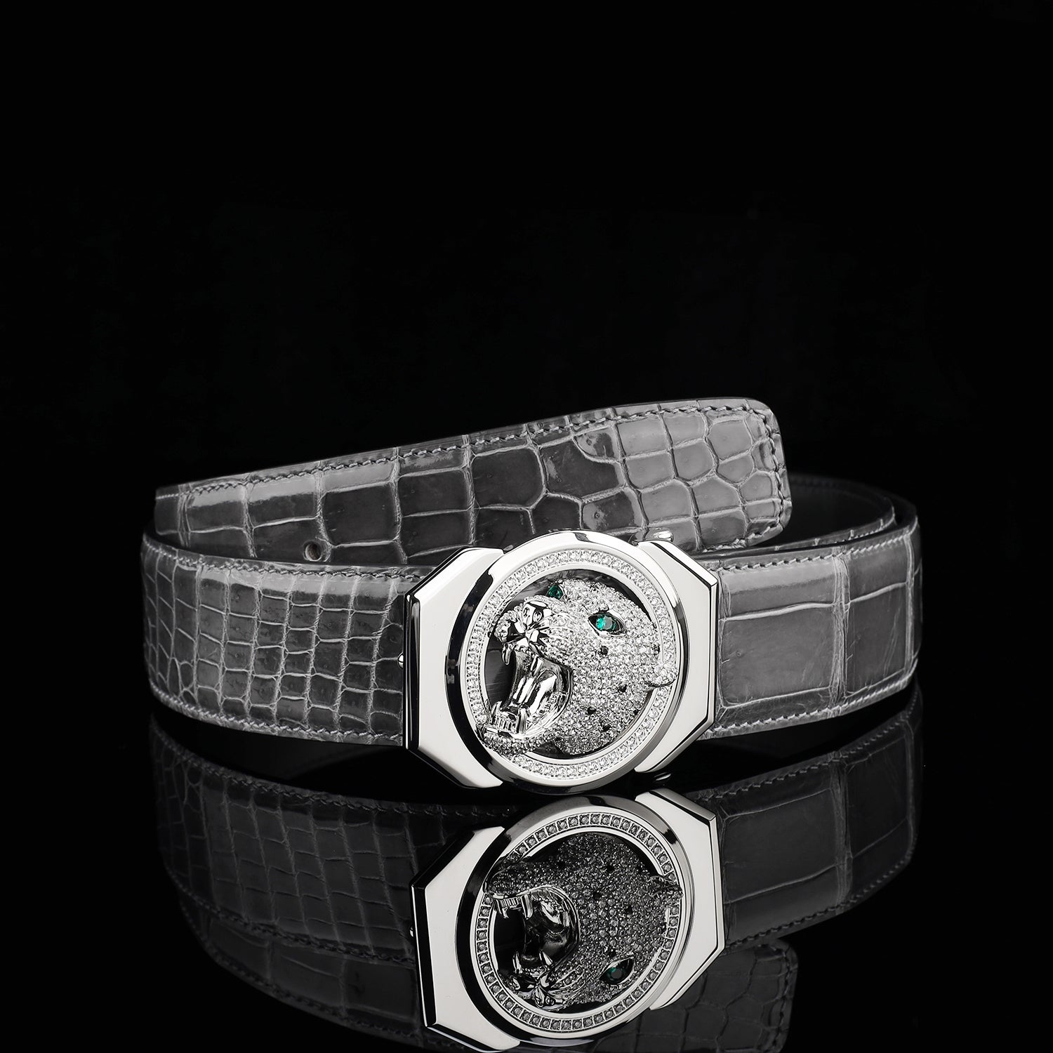 BELTLEY Polished Graphite Gray Crocodile Belt for Men