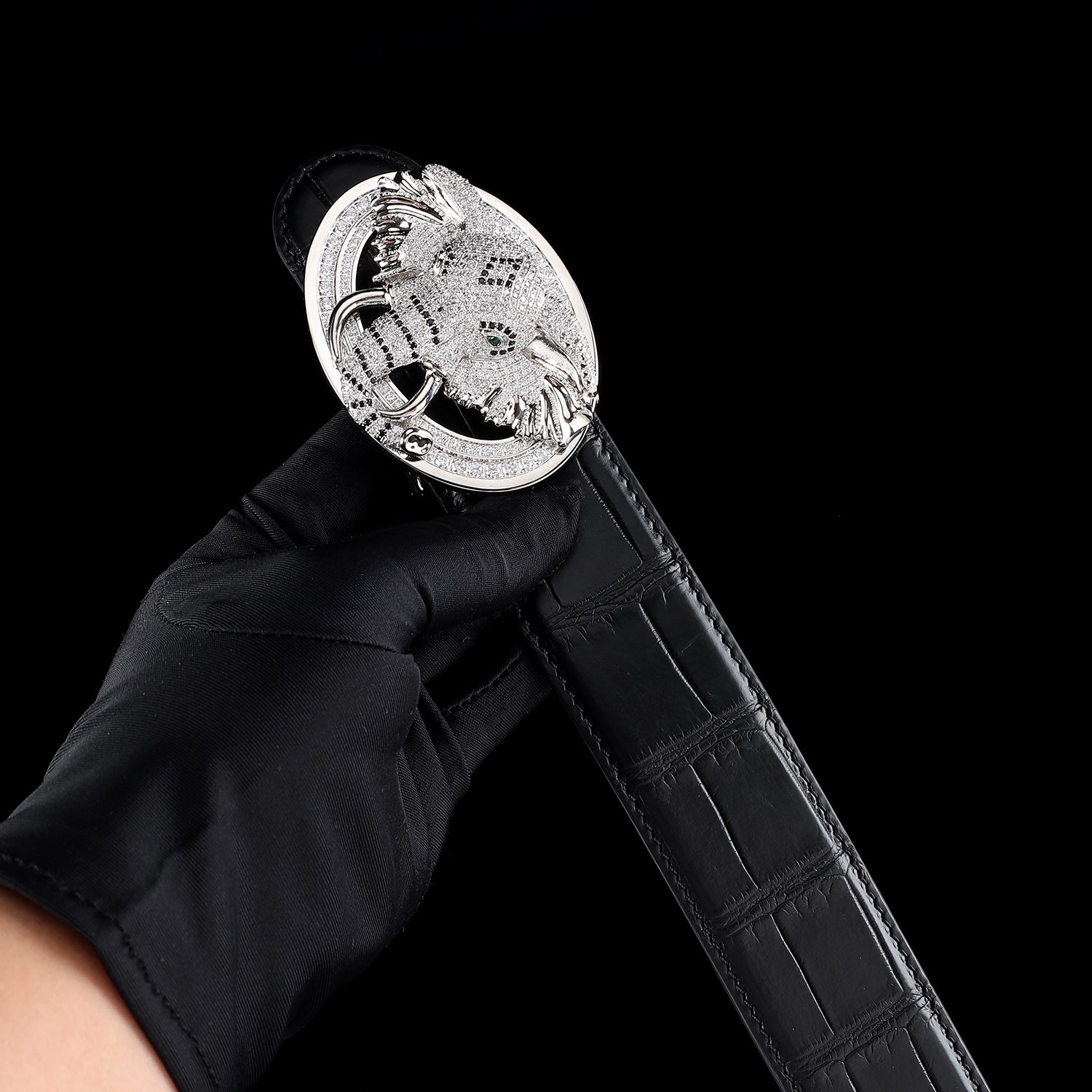 BELTLEY Premium Black Crocodile  Men's Belt With Elephant Buckle