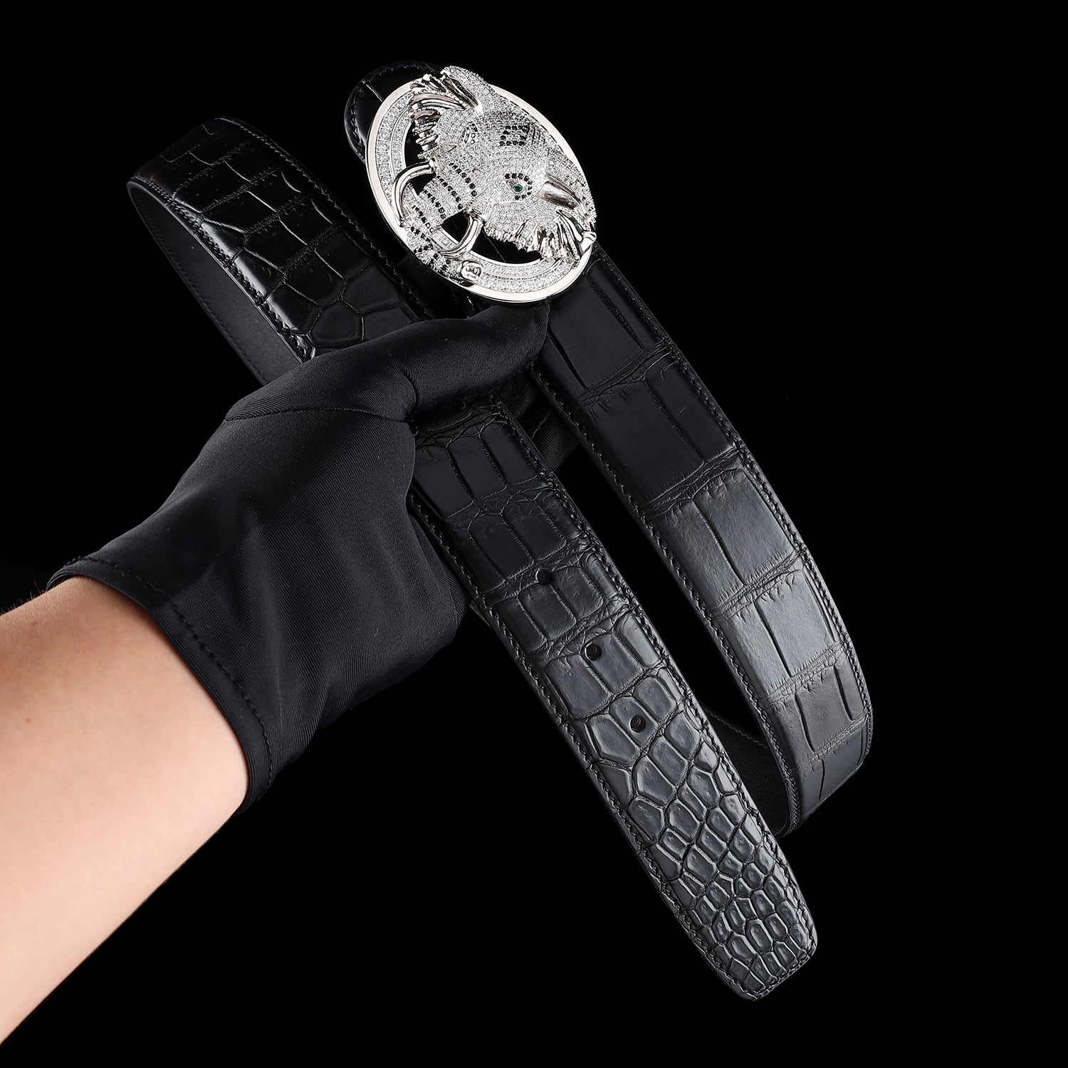 BELTLEY Premium Black Crocodile  Men's Belt With Elephant Buckle