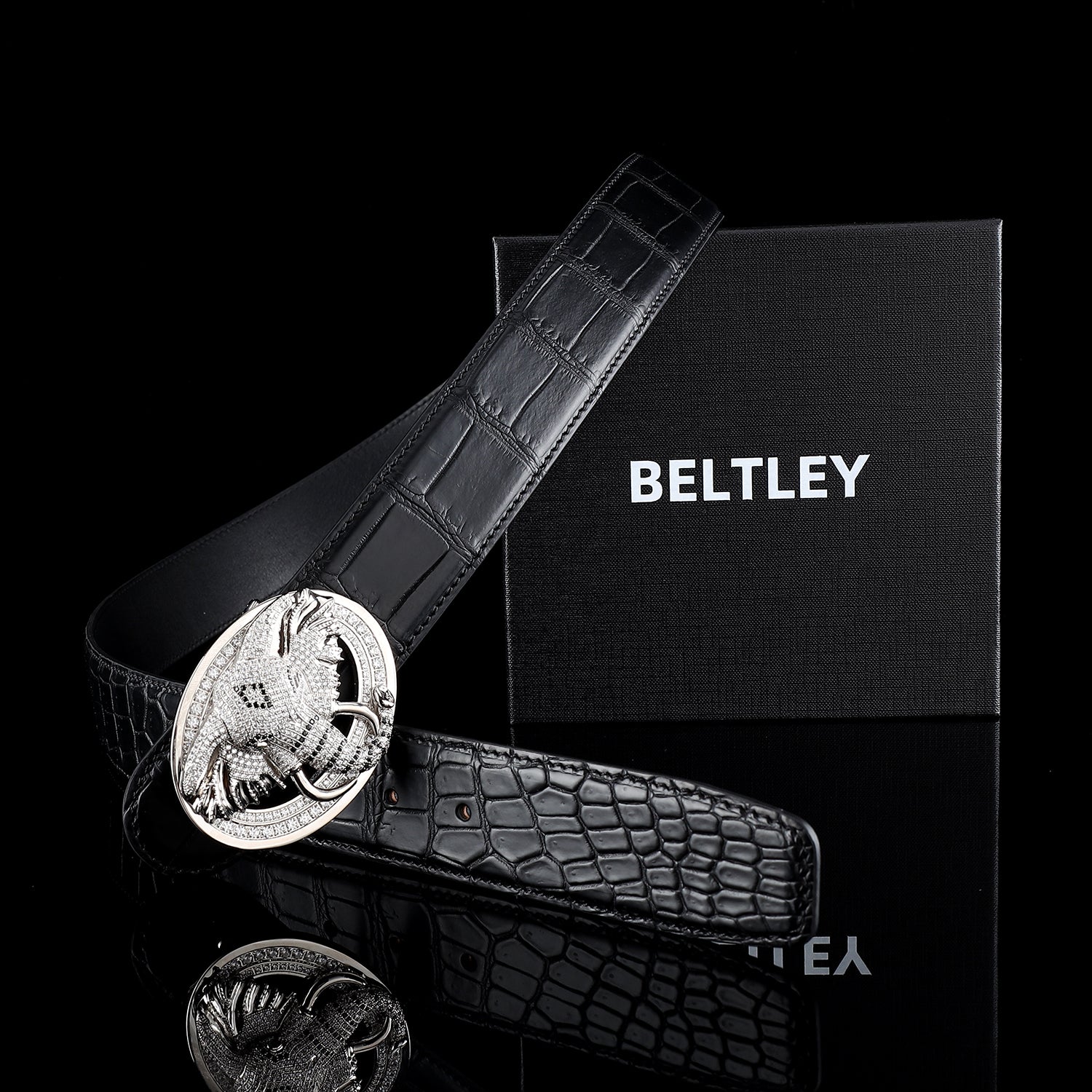 BELTLEY Premium Black Crocodile  Men's Belt With Elephant Buckle