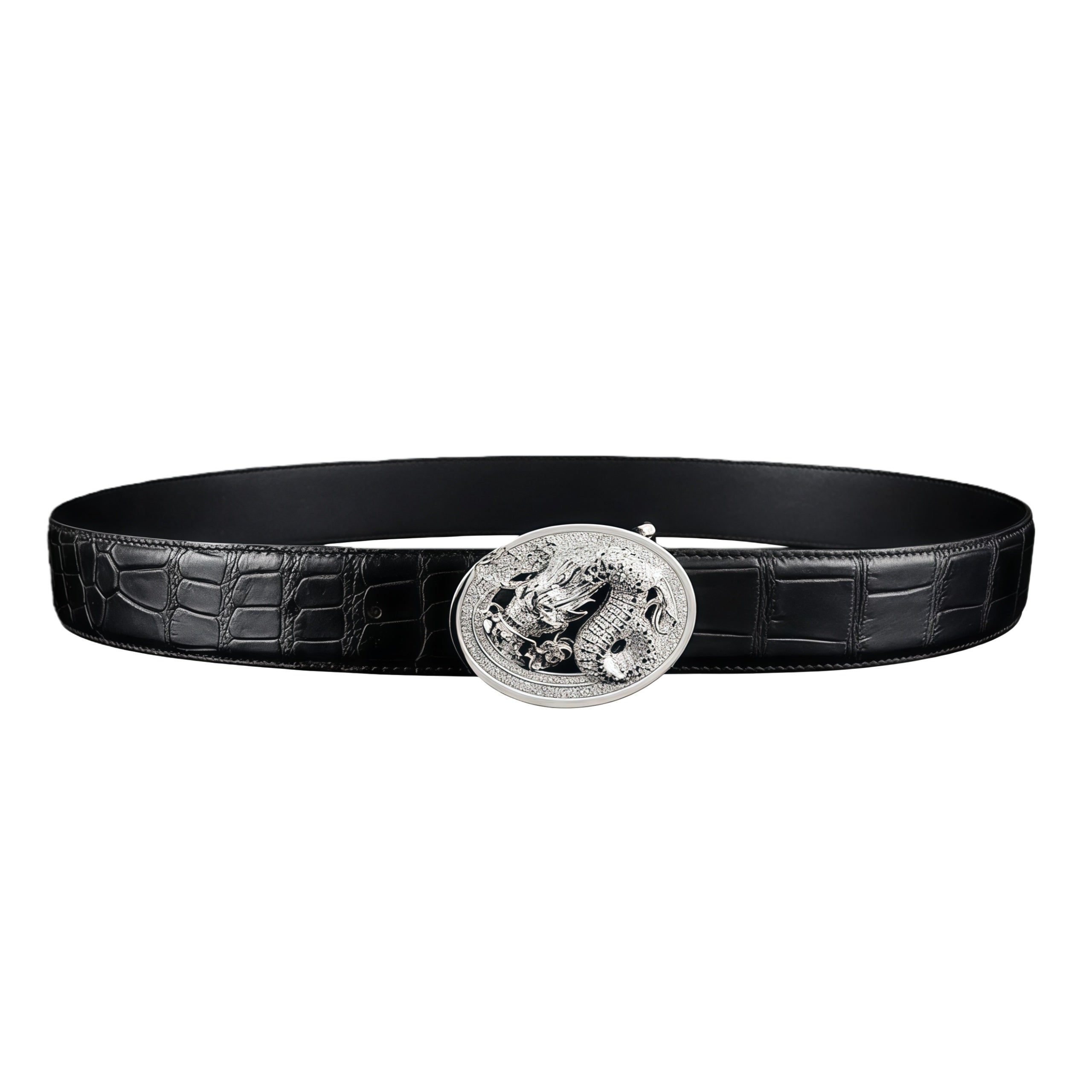 BELTLEY Premium Black Crocodile Skin Belt With  Silver Chinese Long Buckle