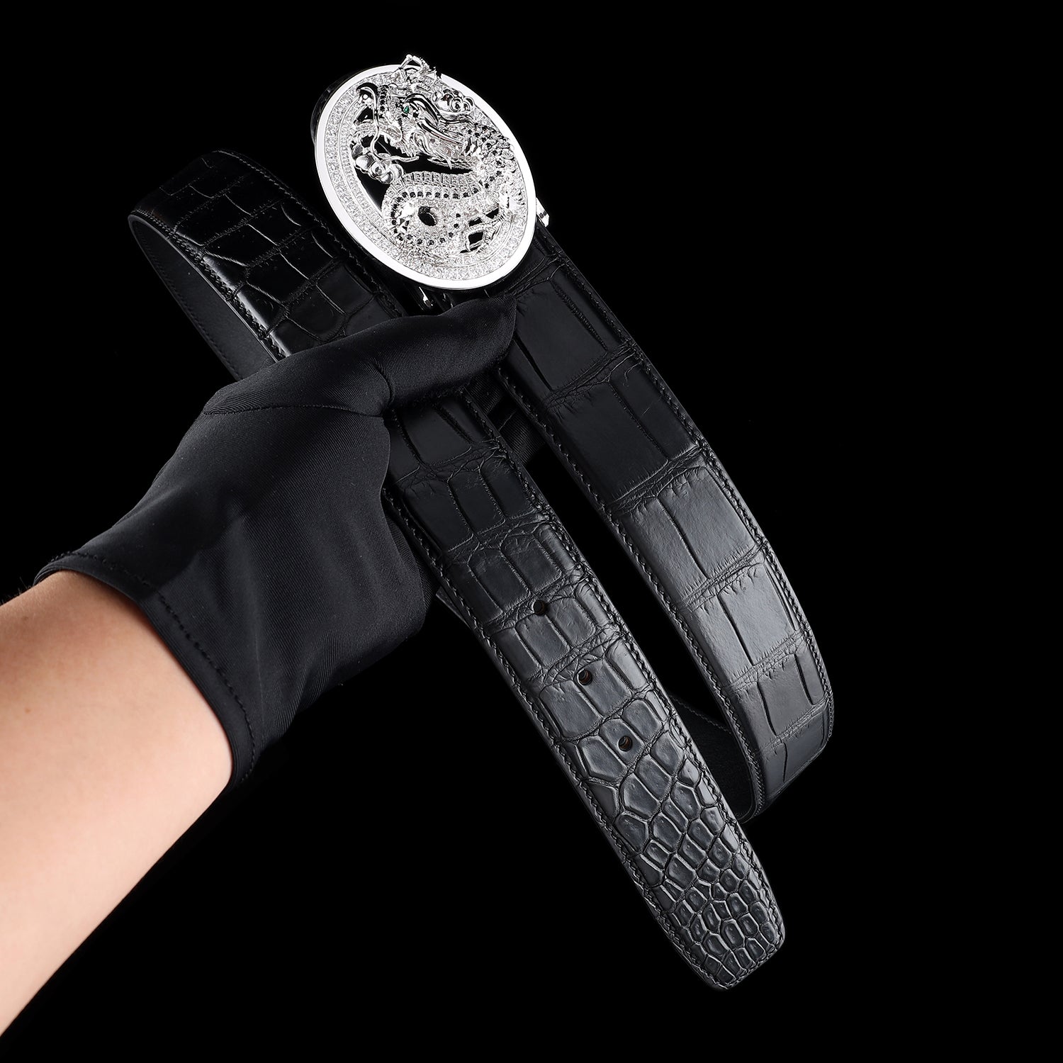 BELTLEY Premium Black Crocodile Skin Belt With  Silver Chinese Long Buckle