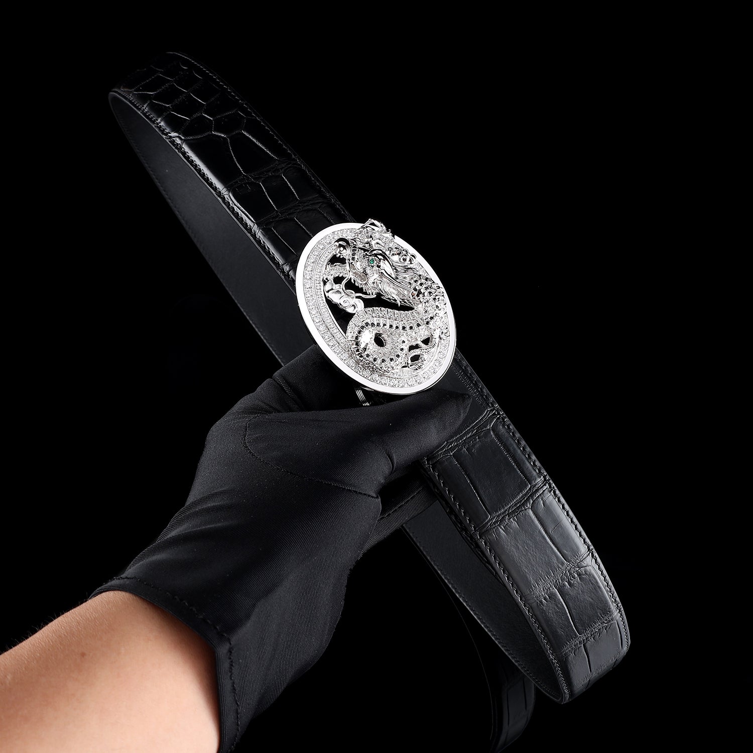 BELTLEY Premium Black Crocodile Skin Belt With  Silver Chinese Long Buckle