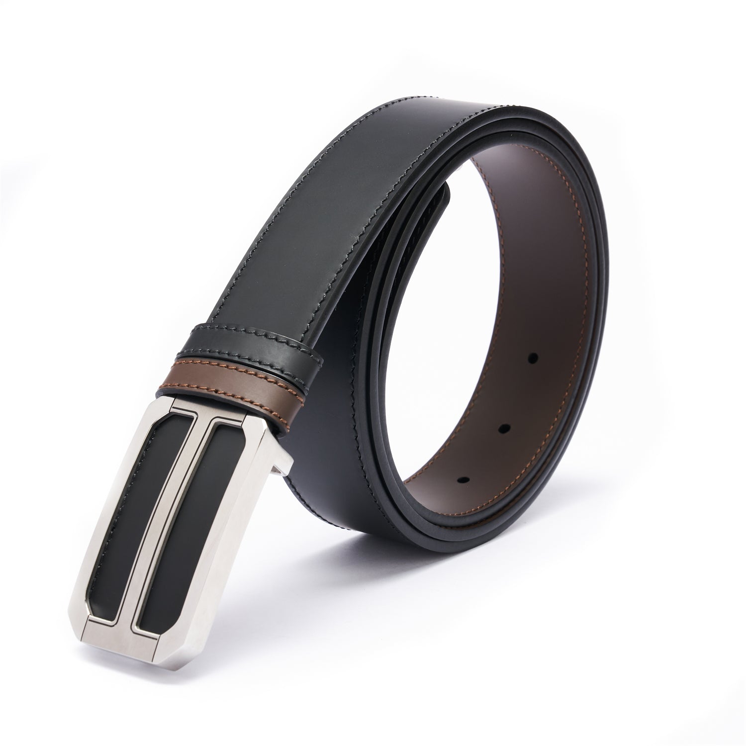 BELTLEY Premium Dual-Layer  Black  Leather Belt With Plate Buckle - 1.38" Width