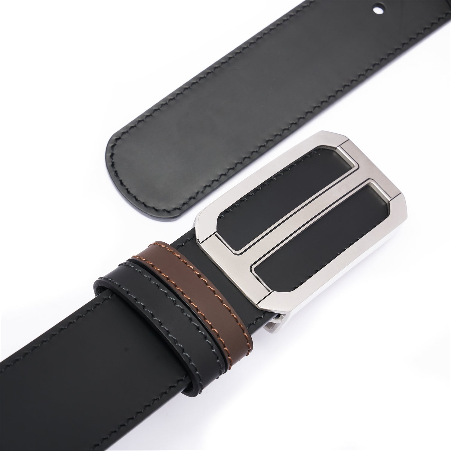 BELTLEY Premium Dual-Layer  Black  Leather Belt With Plate Buckle - 1.38" Width