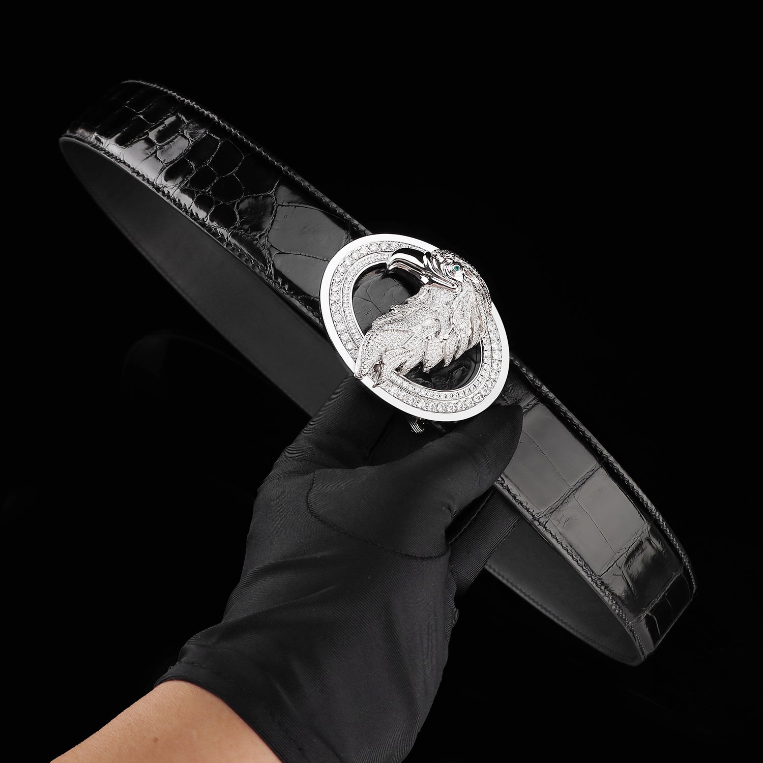 BELTLEY Premium Glazed Black Nile Crocodile Skin Belt