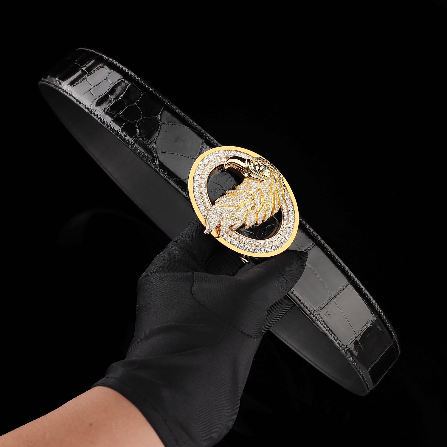 BELTLEY Premium Glazed Black Nile Crocodile Skin Belt