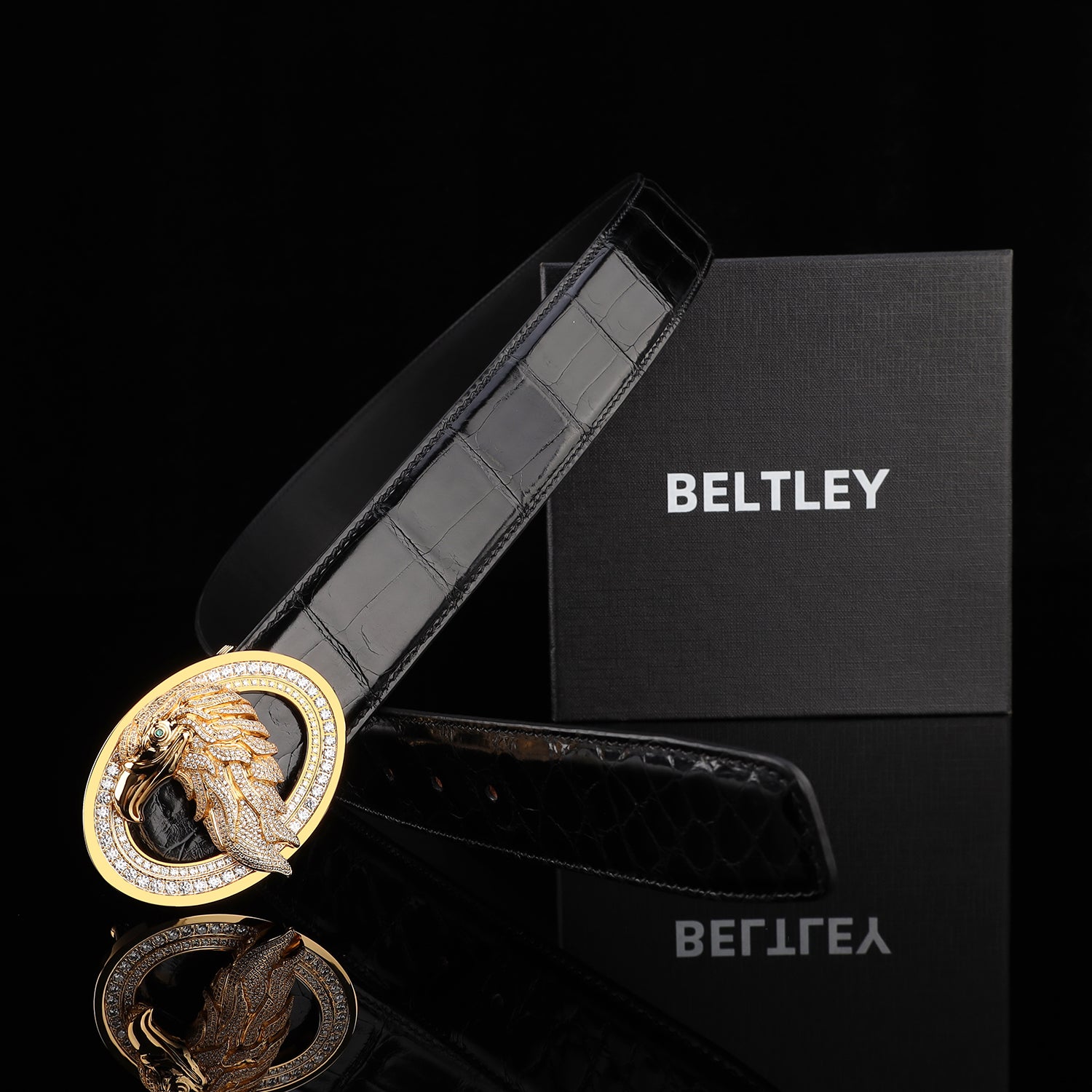 BELTLEY Premium Glazed Black Nile Crocodile Skin Belt