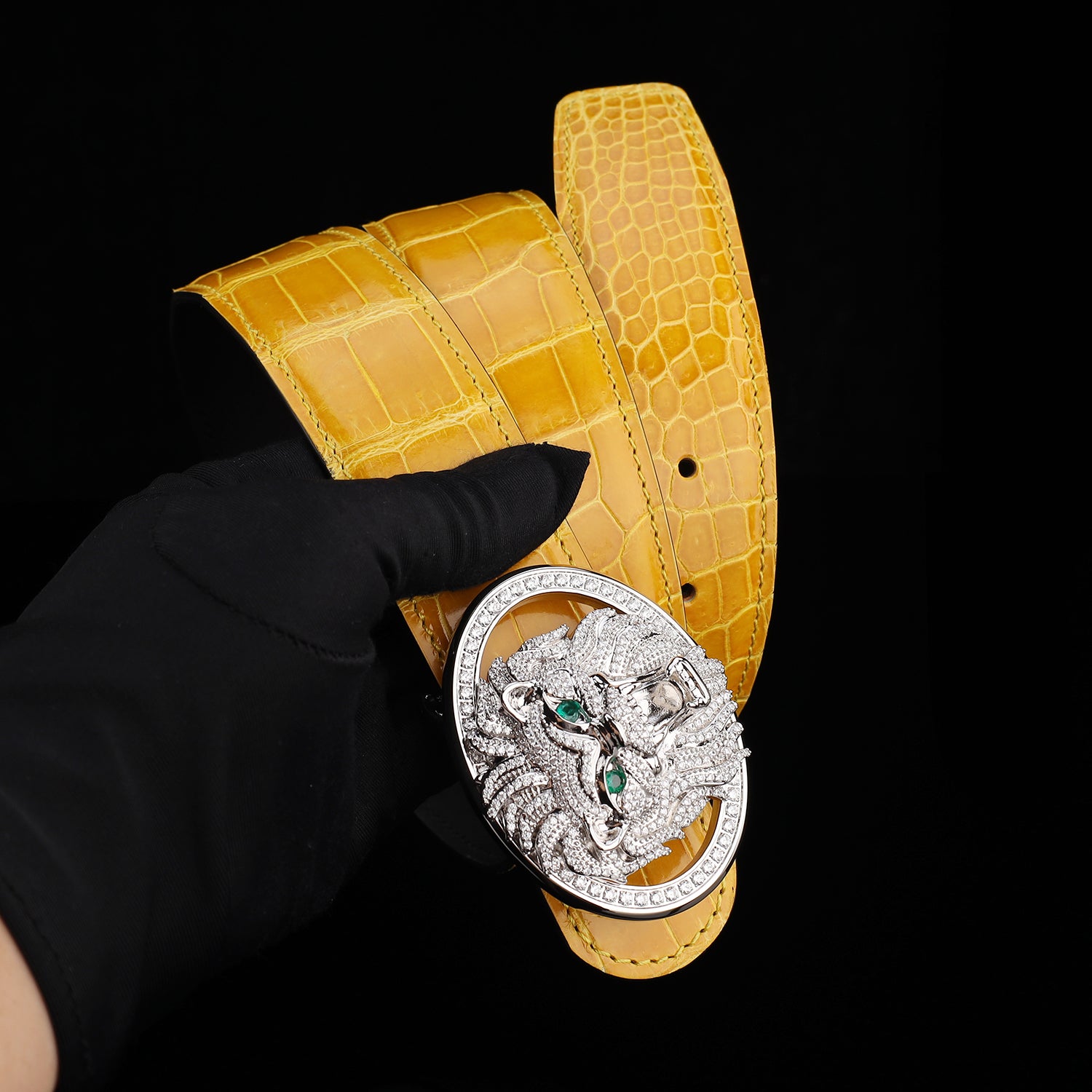 BELTLEY Premium Glossy Amber Gold Nile Crocodile Belt for Men