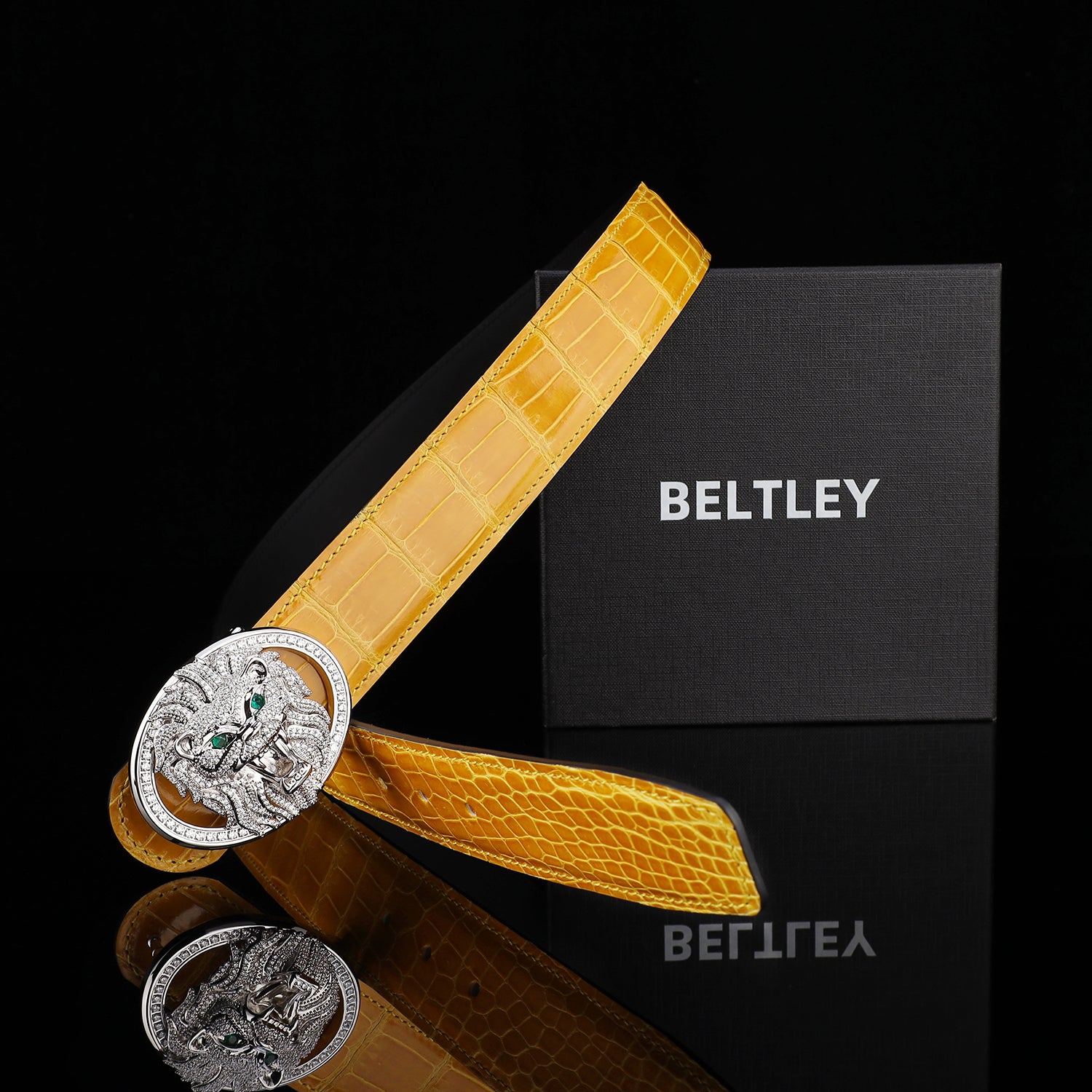 BELTLEY Premium Glossy Amber Gold Nile Crocodile Belt for Men