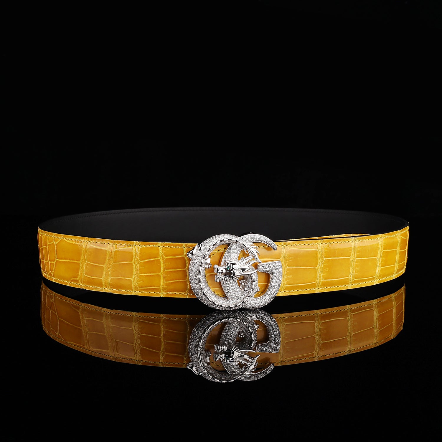 BELTLEY Premium Polished Crocodile Leather Belt – Amber Gold