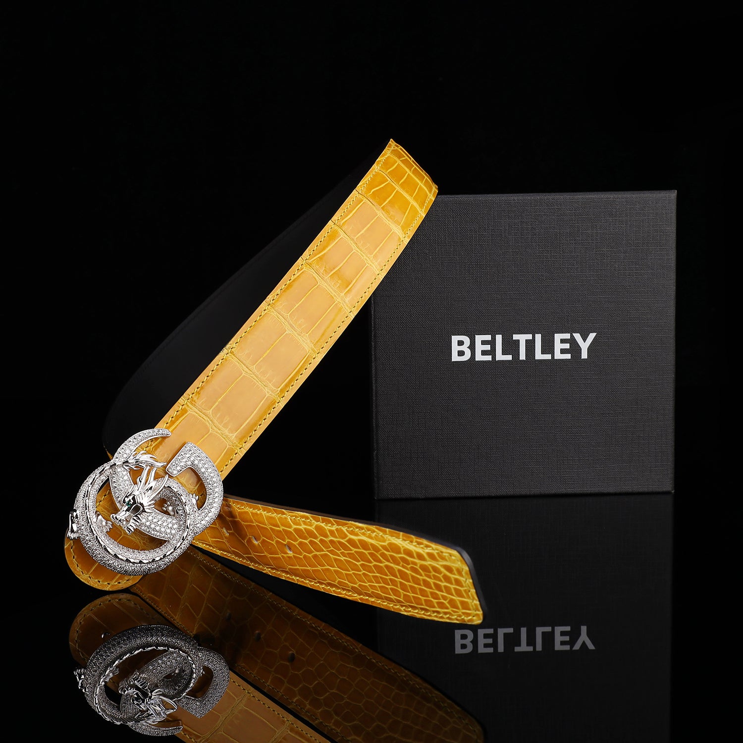 BELTLEY Premium Polished Crocodile Leather Belt – Amber Gold