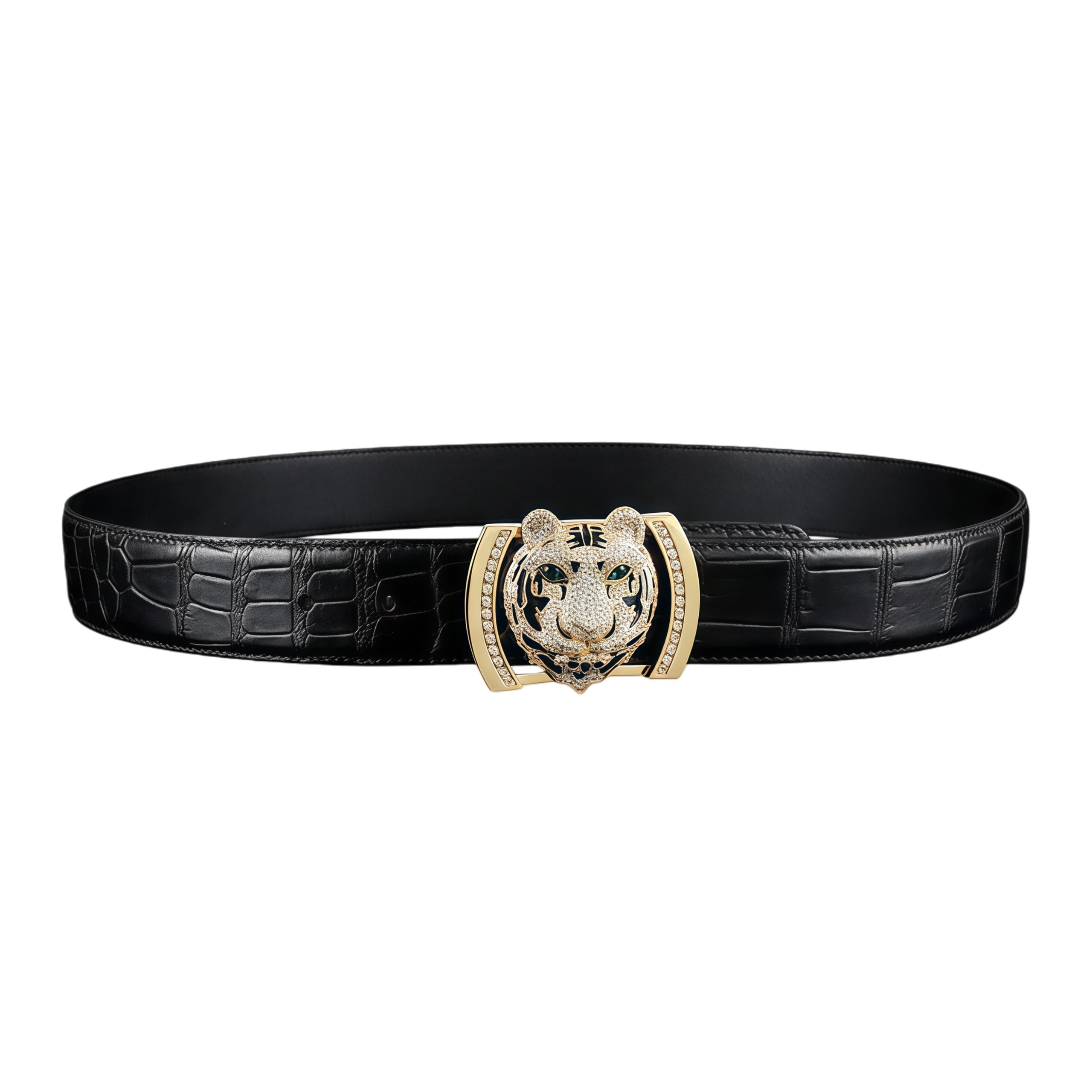 BELTLEY Prestige Black Crocodile Belly-Cut Belt with Gold Tiger Buckle