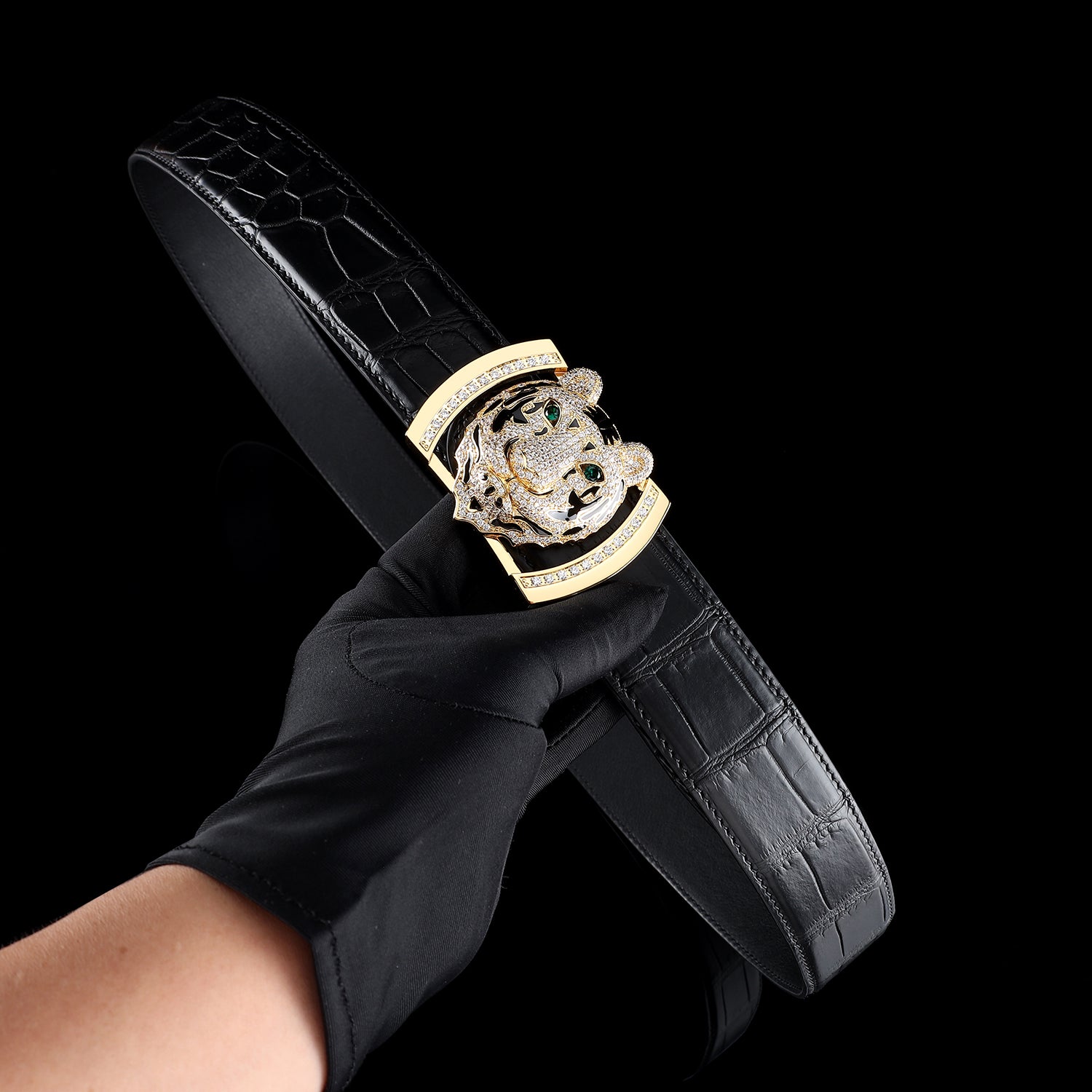 BELTLEY Prestige Black Crocodile Belly-Cut Belt with Gold Tiger Buckle