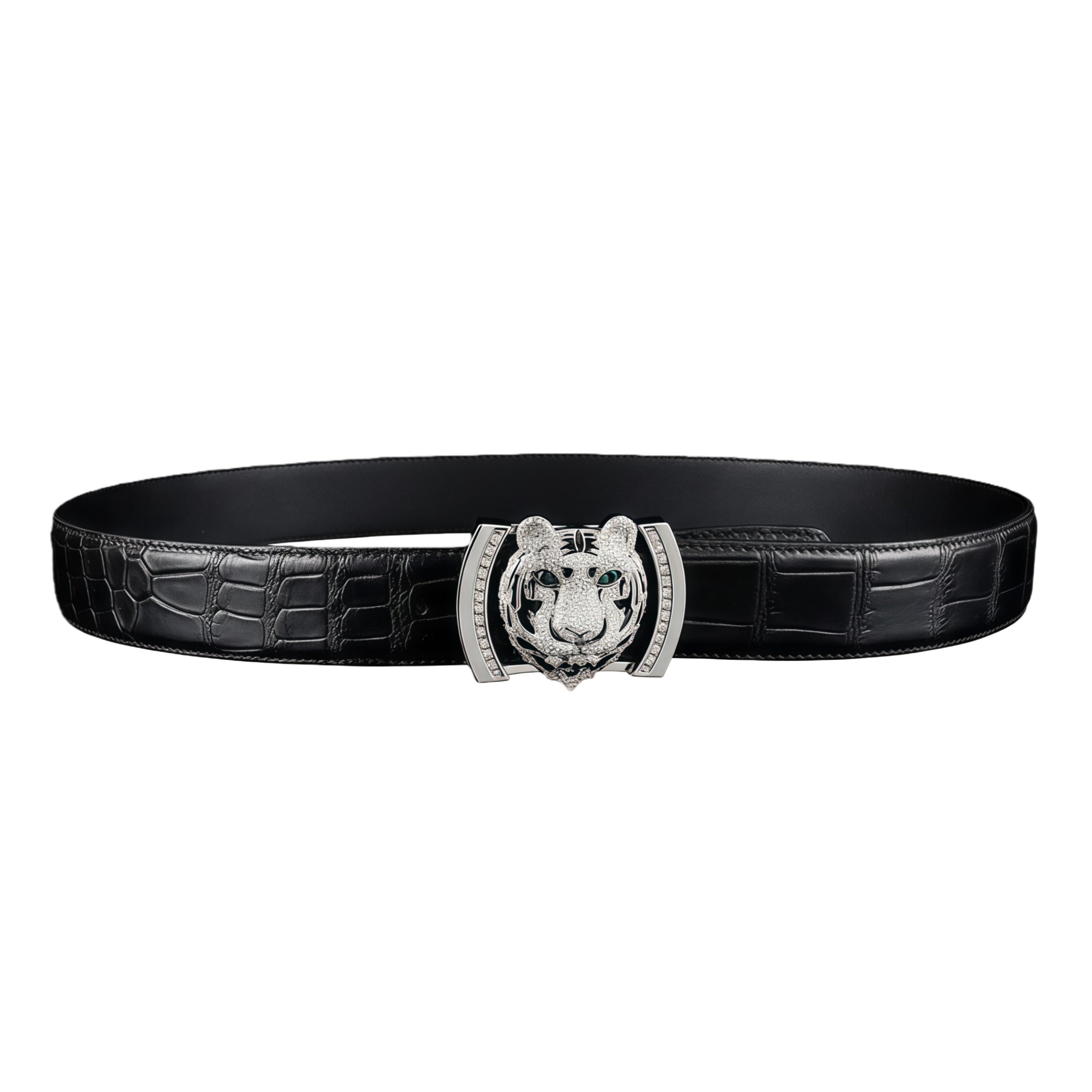 BELTLEY Black Crocodile Belly-Cut Belt with Silver Tiger Buckle