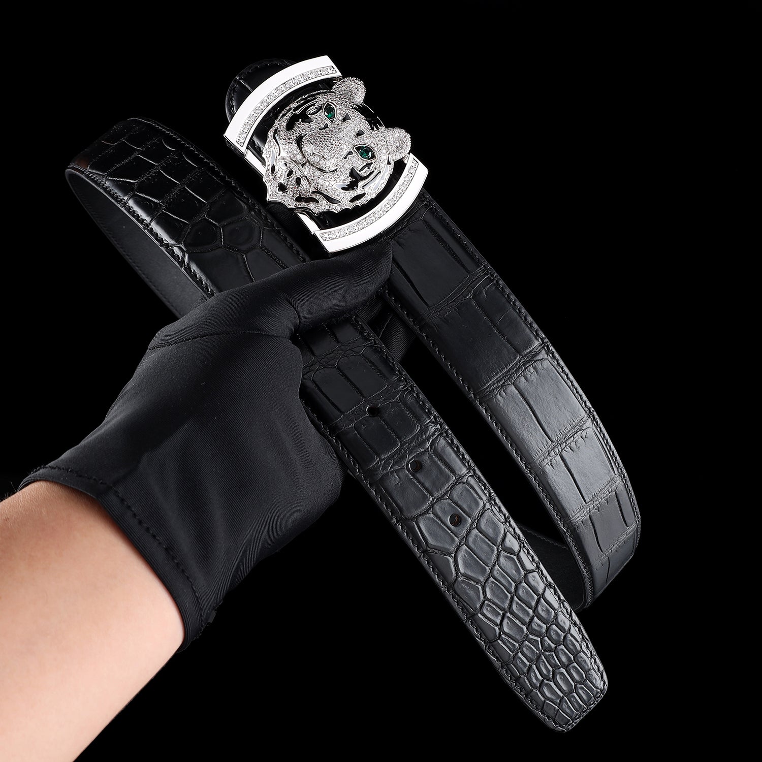 BELTLEY Black Crocodile Belly-Cut Belt with Silver Tiger Buckle