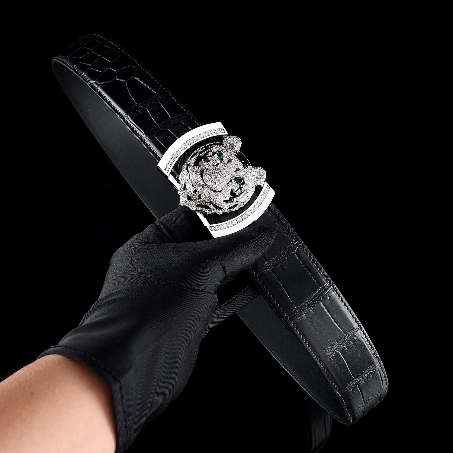 BELTLEY Black Crocodile Belly-Cut Belt with Silver Tiger Buckle