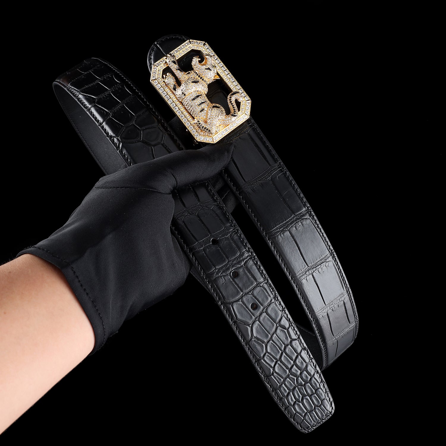 BELTLEY Prestige Black Crocodile Leather Belt – Authentic Nile Skin-Tiger buckle
