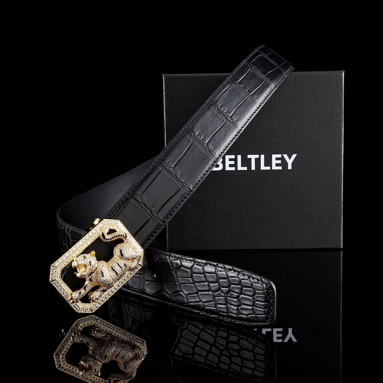 BELTLEY Prestige Black Crocodile Leather Belt – Authentic Nile Skin-Tiger buckle