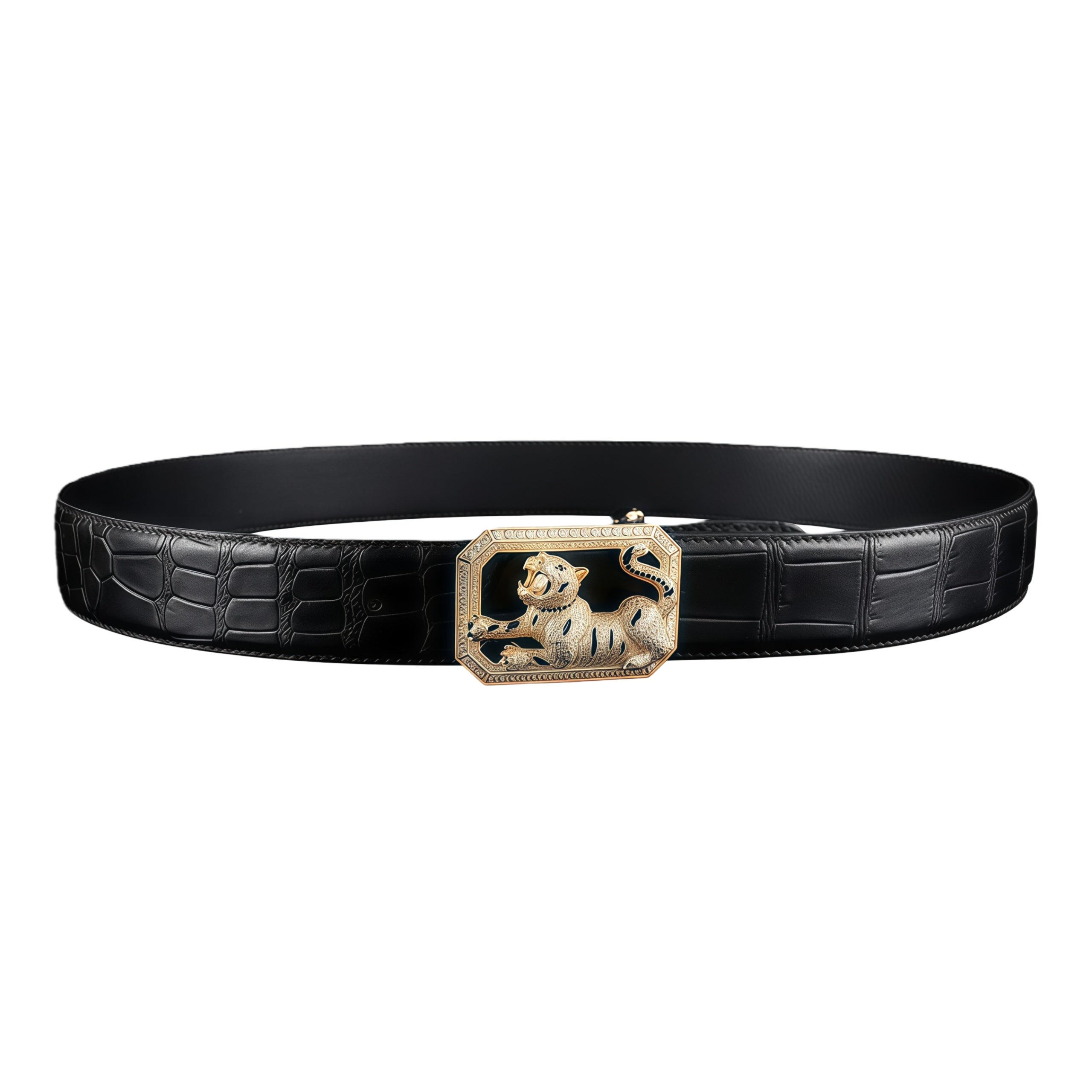 BELTLEY Prestige Black Crocodile Leather Belt – Authentic Nile Skin-Tiger buckle