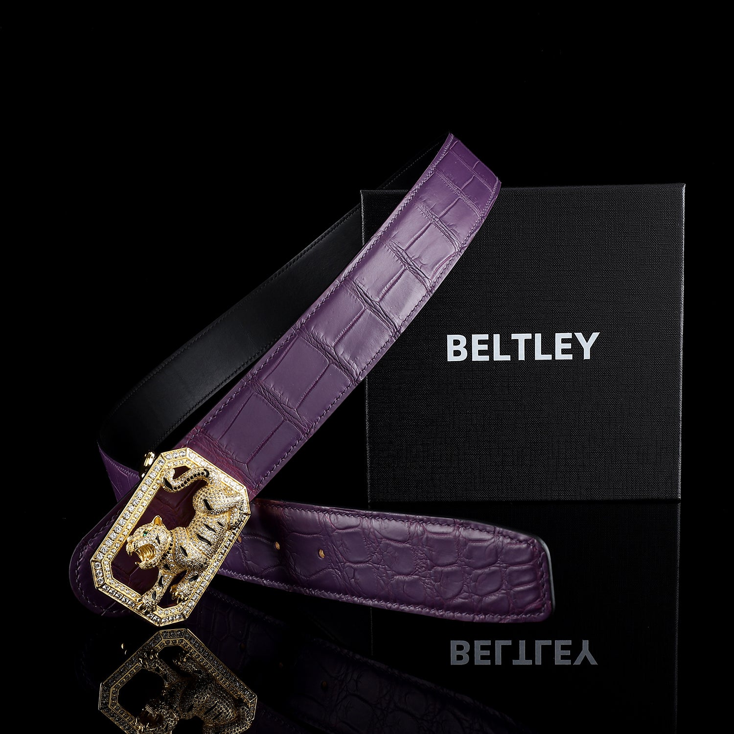 BELTLEY Purple Genuine Crocodile Belt with  Jewelry Tiger buckle
