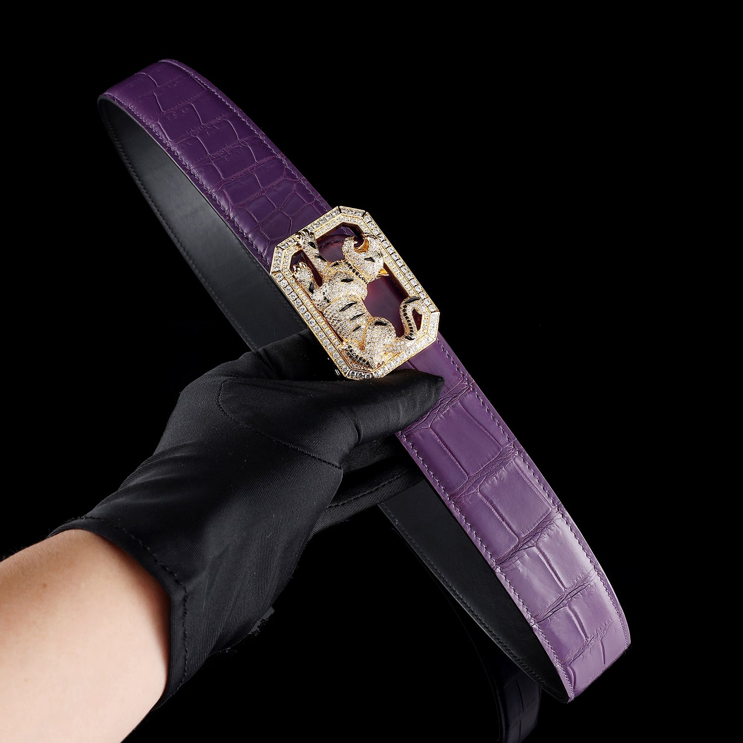 BELTLEY Purple Genuine Crocodile Belt with  Jewelry Tiger buckle