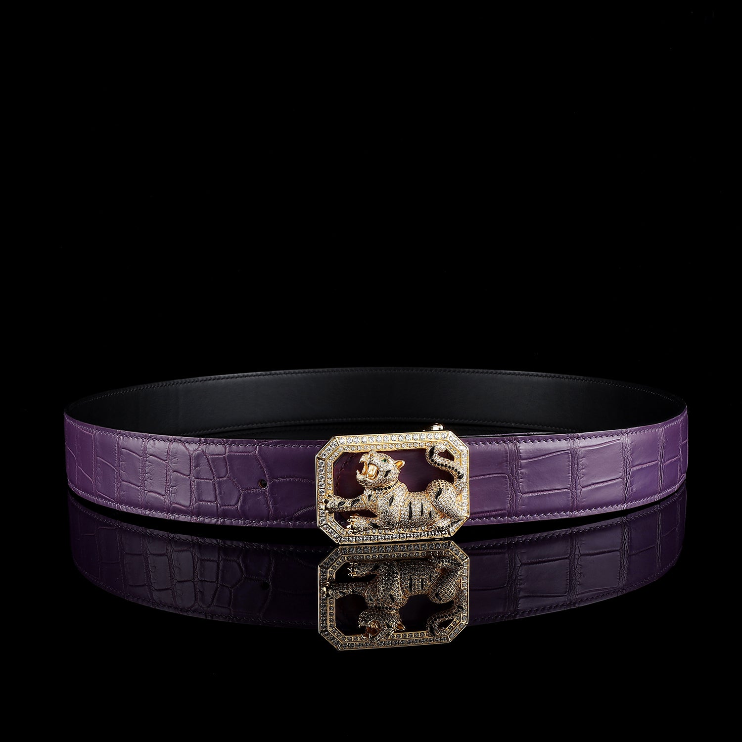 BELTLEY Purple Genuine Crocodile Belt with  Jewelry Tiger buckle