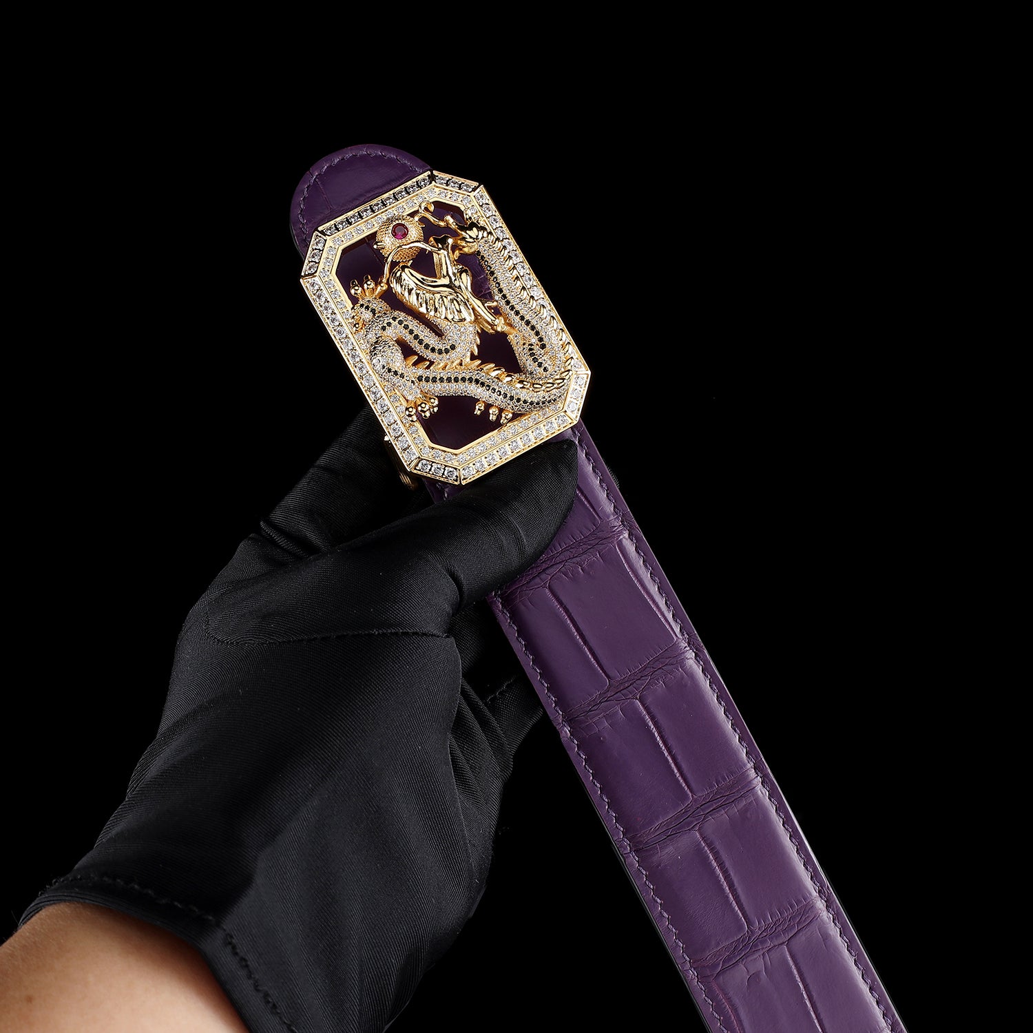 BELTLEY Purple Niloticus Crocodile Belt – “Long” Dragon Buckle Edition