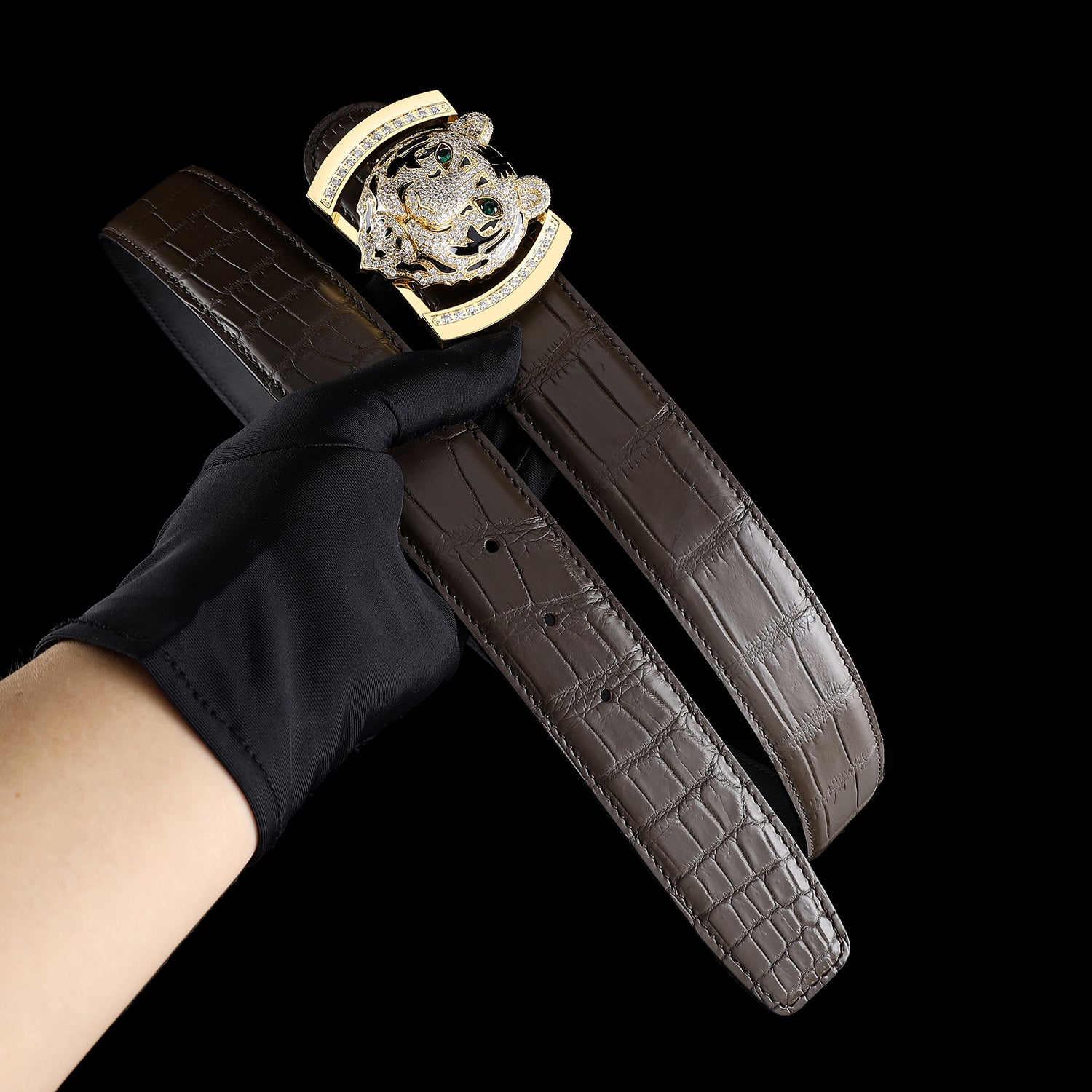 BELTLEY Real Crocodile Belt with Gold 3D Tiger head buckle – Espresso