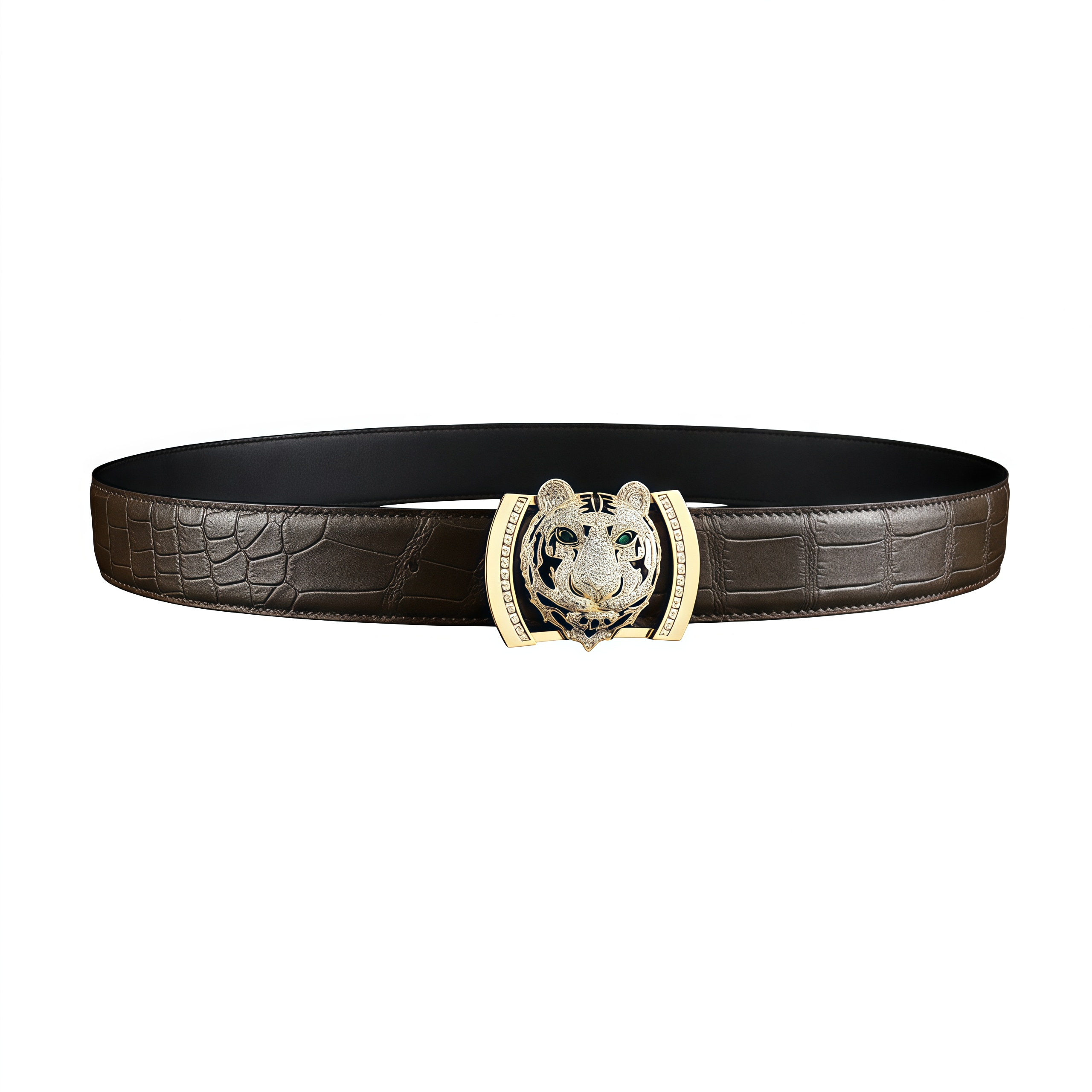 BELTLEY Real Crocodile Belt with Gold 3D Tiger head buckle – Espresso