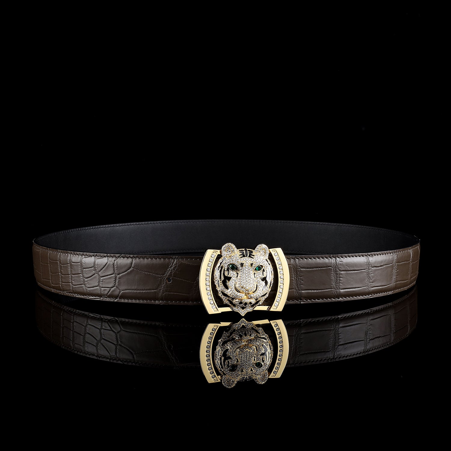 BELTLEY Real Crocodile Belt with Gold 3D Tiger head buckle – Espresso