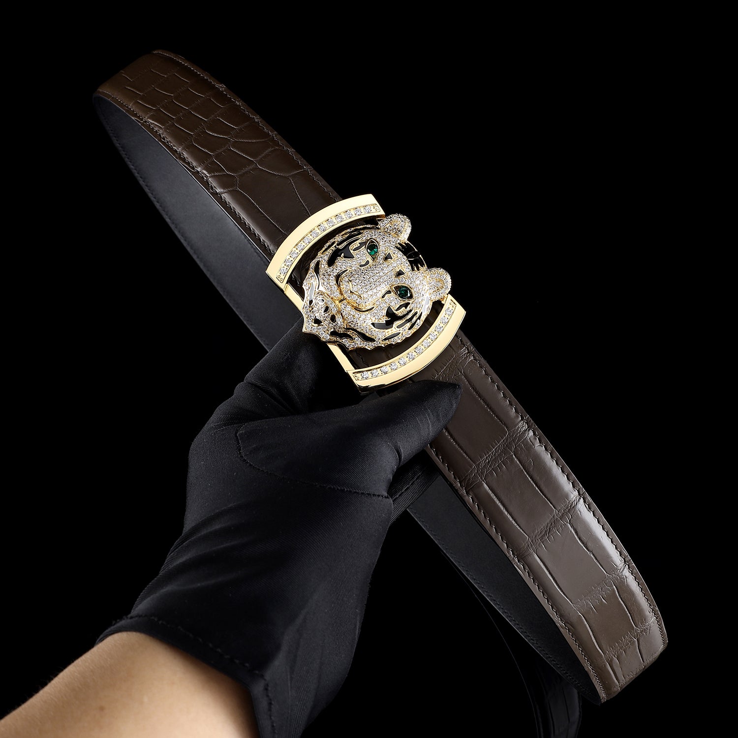 BELTLEY Real Crocodile Belt with Gold 3D Tiger head buckle – Espresso