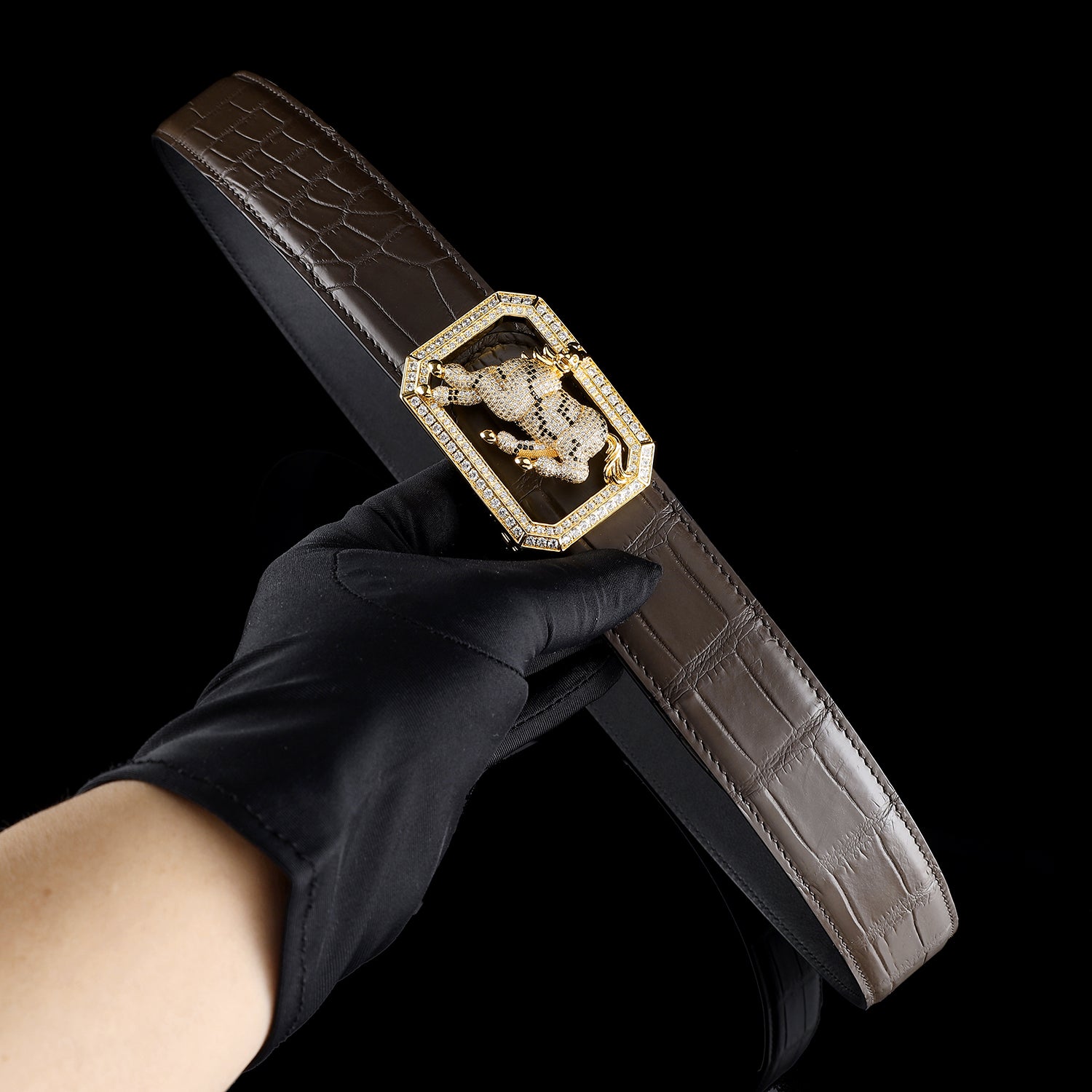 BELTLEY Real Crocodile Skin Belt with Horse Buckle – Espresso Brown