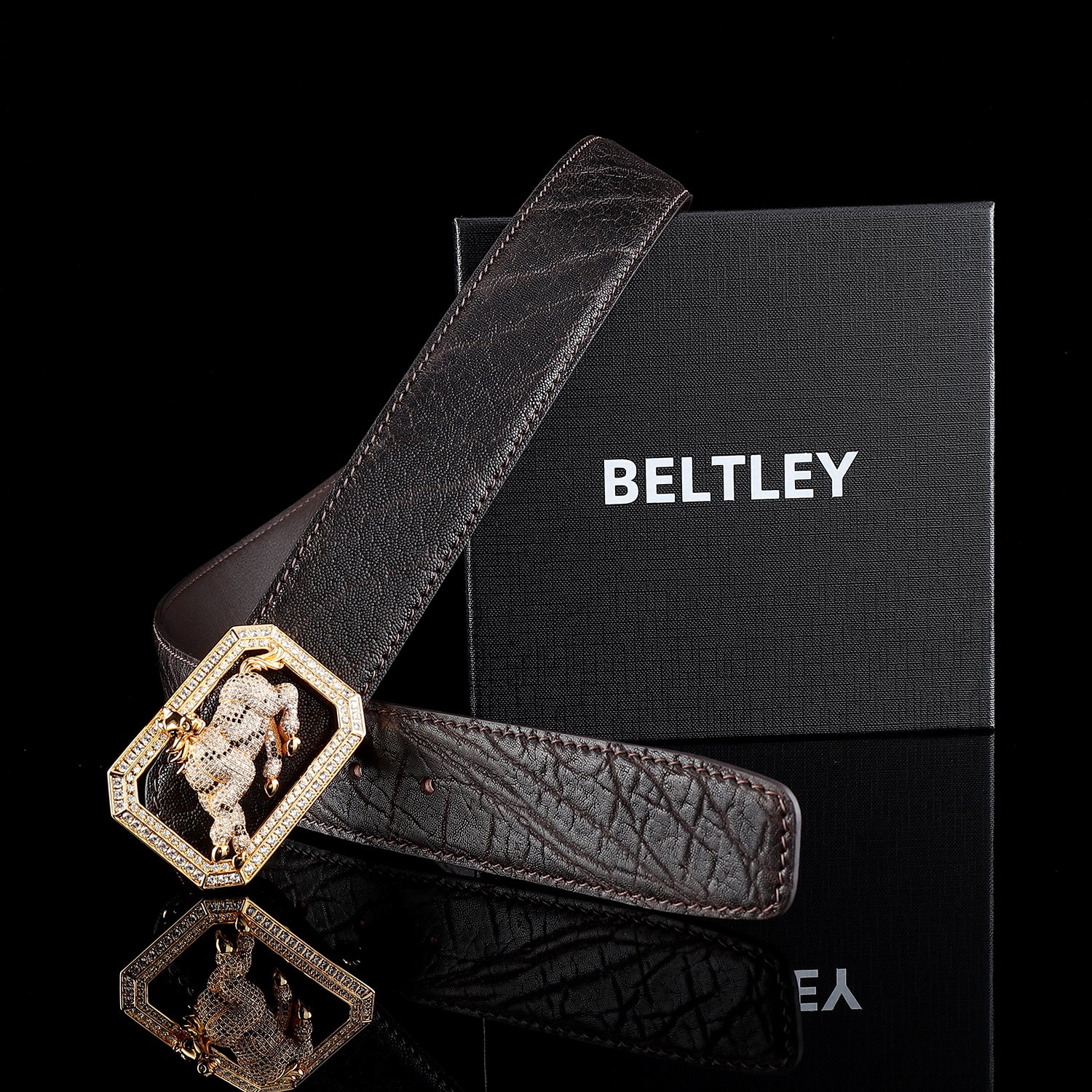 BELTLEY Real Elephant Skin Belt in Espresso Brown-Horse Buckle