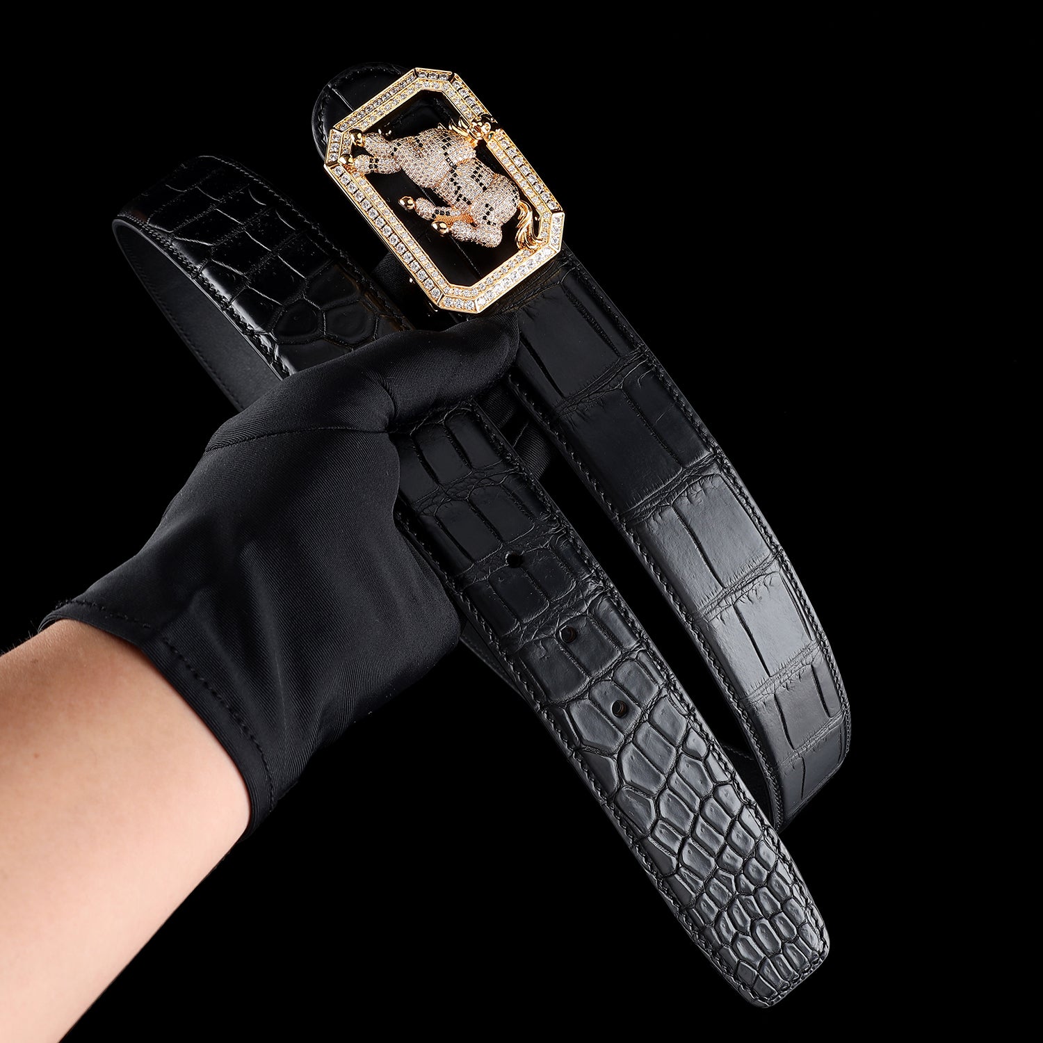 BELTLEY Real Nile Crocodile Leather Belt-Gold Plated Horse Buckle Belt