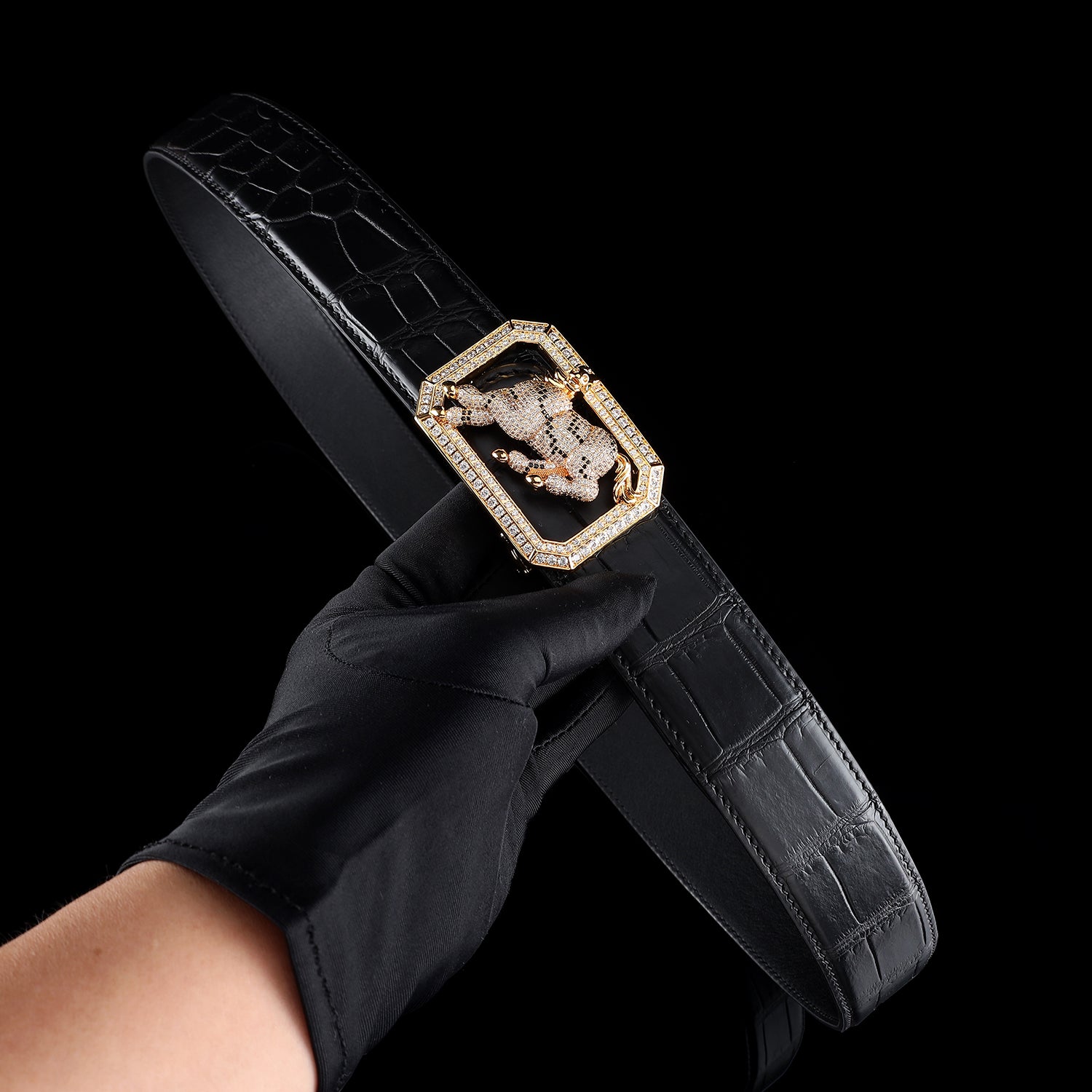 BELTLEY Real Nile Crocodile Leather Belt-Gold Plated Horse Buckle Belt