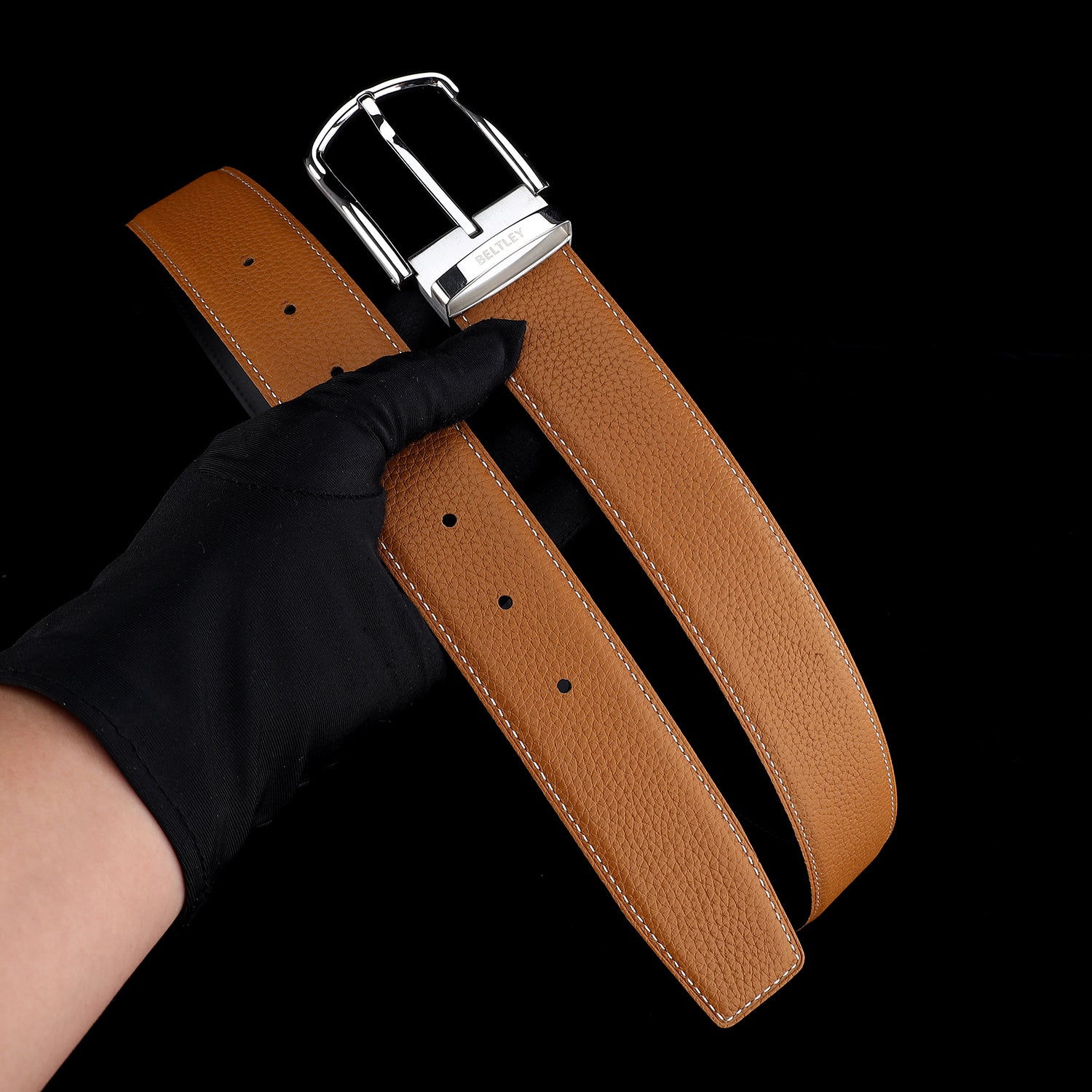 BELTLEY Rich Tan Pebbled Leather Belt 1.5 Inches-Unisex