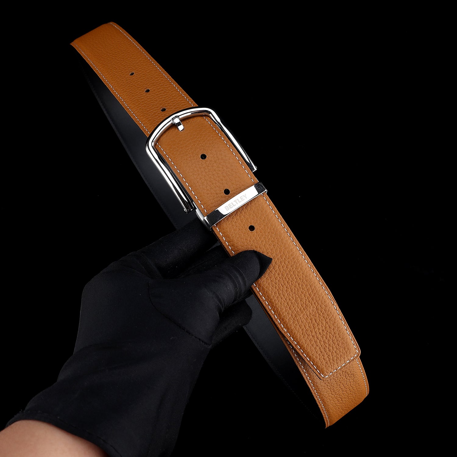 BELTLEY Rich Tan Pebbled Leather Belt 1.5 Inches-Unisex