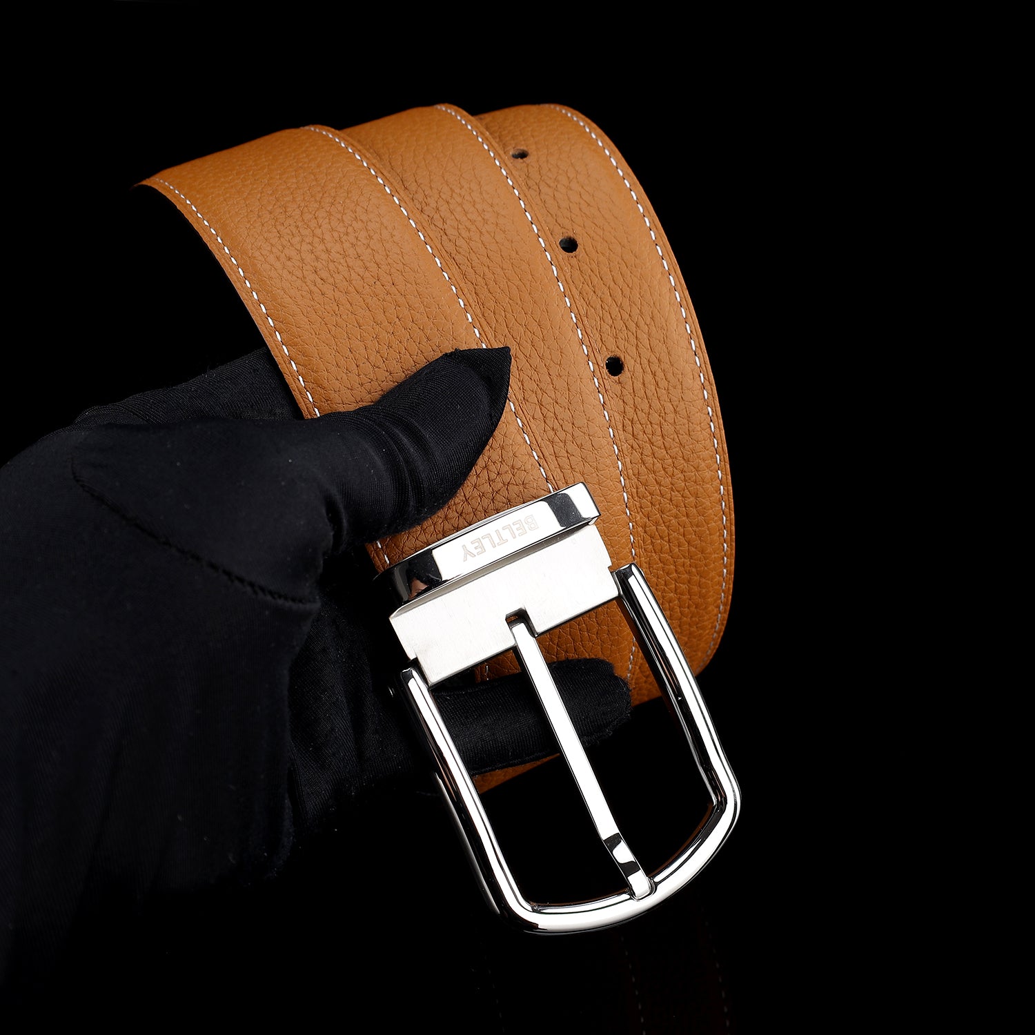 BELTLEY Rich Tan Pebbled Leather Belt 1.5 Inches-Unisex