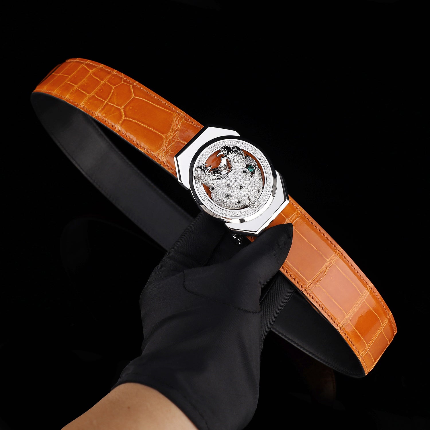 BELTLEY Royal Cognac Orange Glazed Crocodile Belt