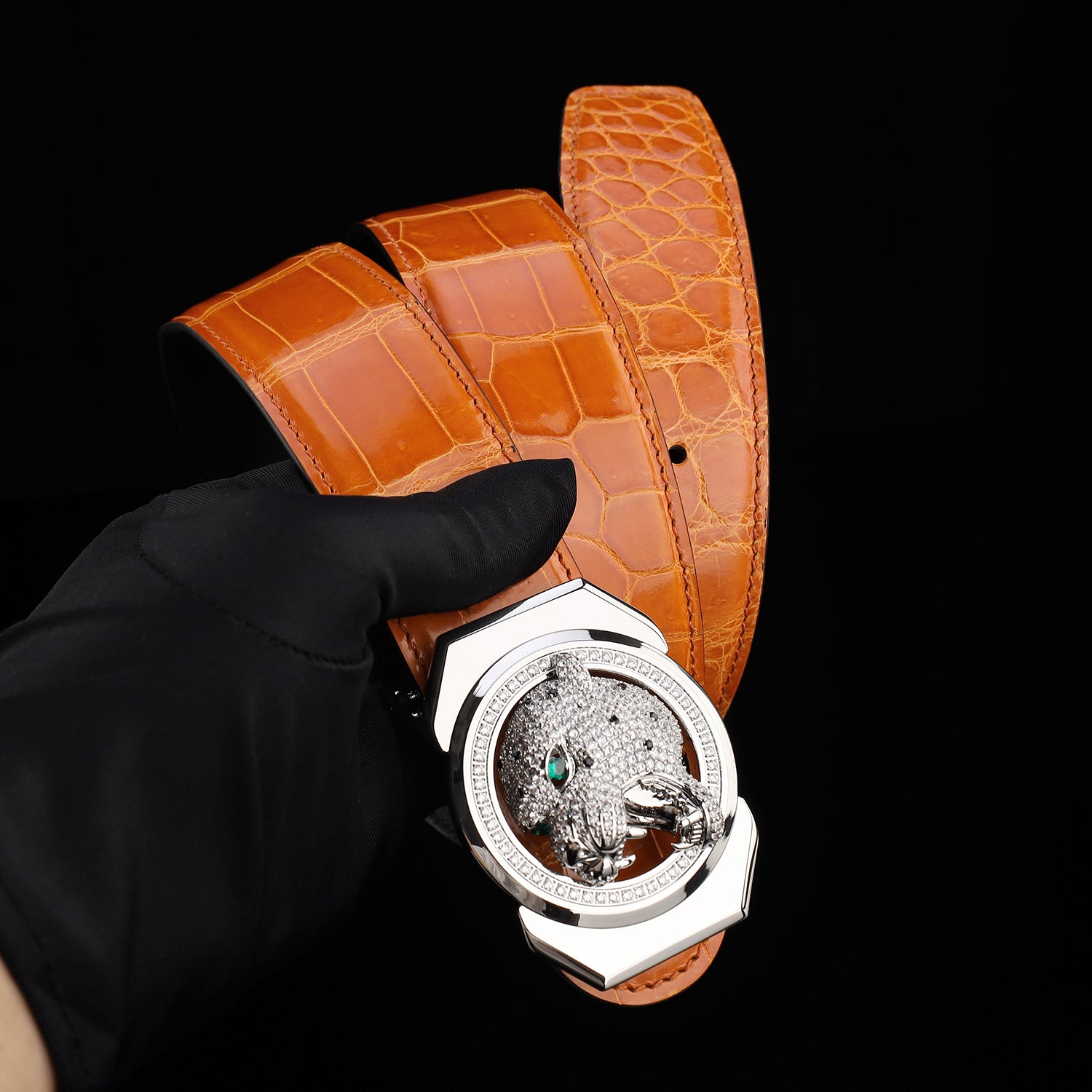 BELTLEY Royal Cognac Orange Glazed Crocodile Belt