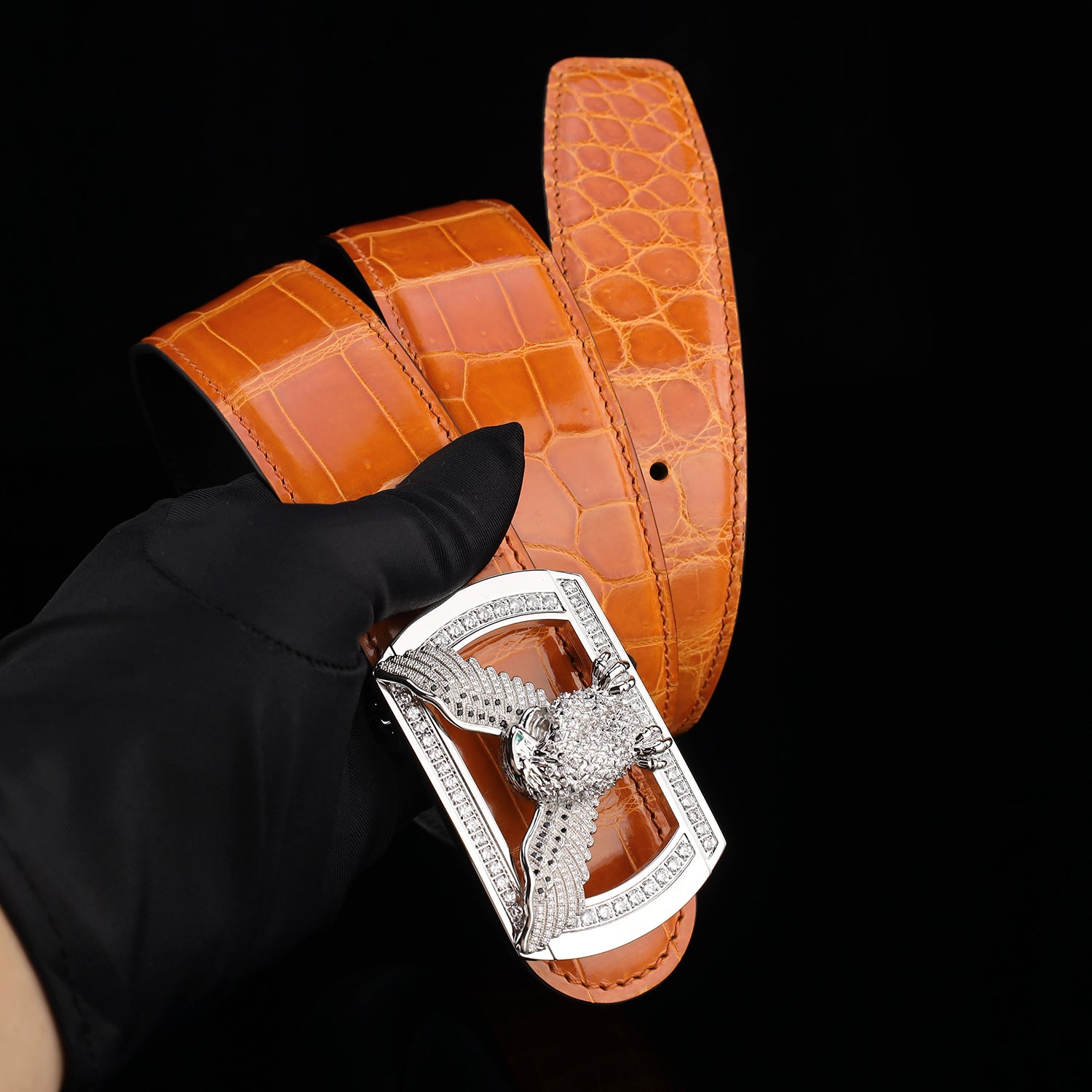 BELTLEY Royal Cognac Orange Glazed Nile Crocodile Belt