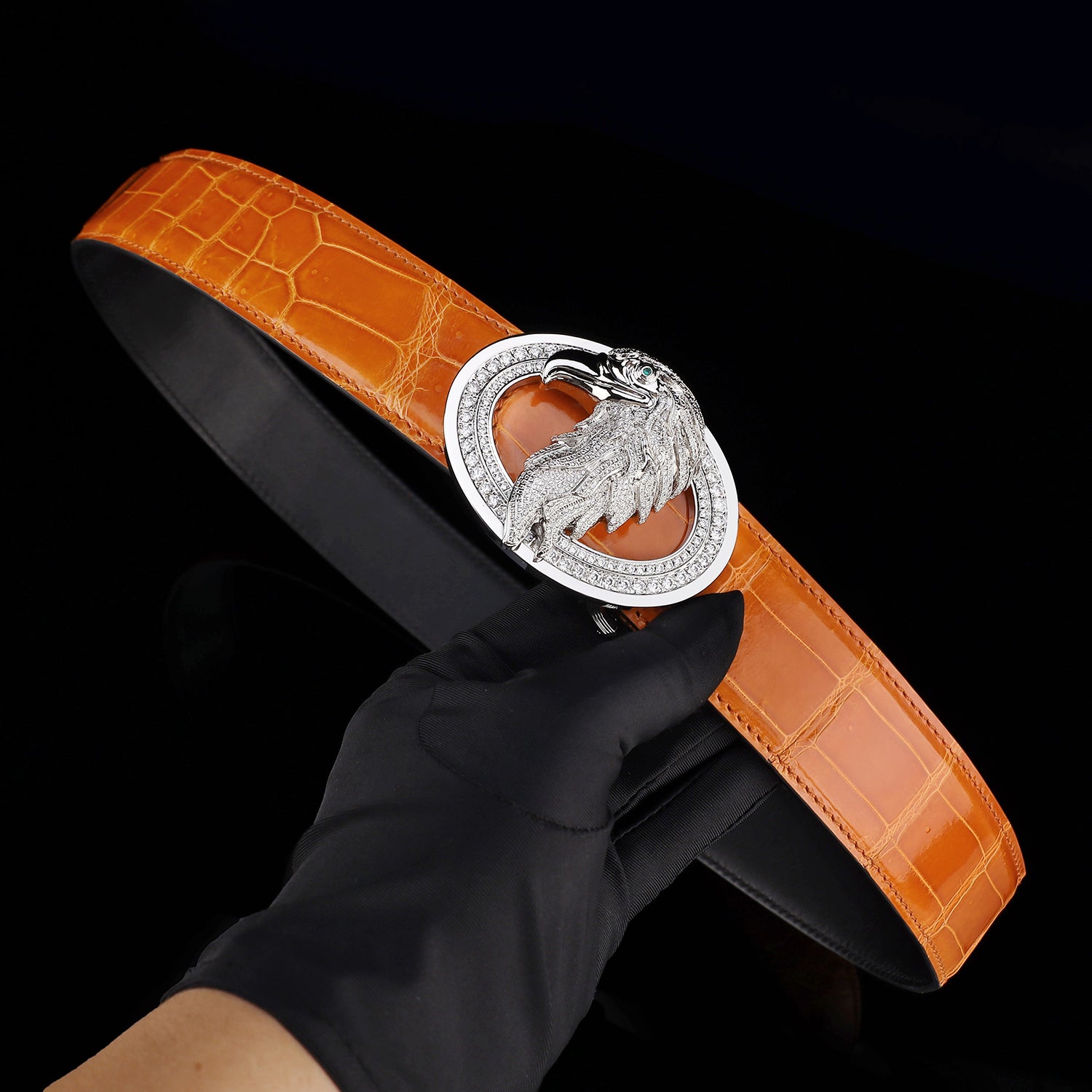 BELTLEY Royal Cognac Orange Glossy Crocodile Belt